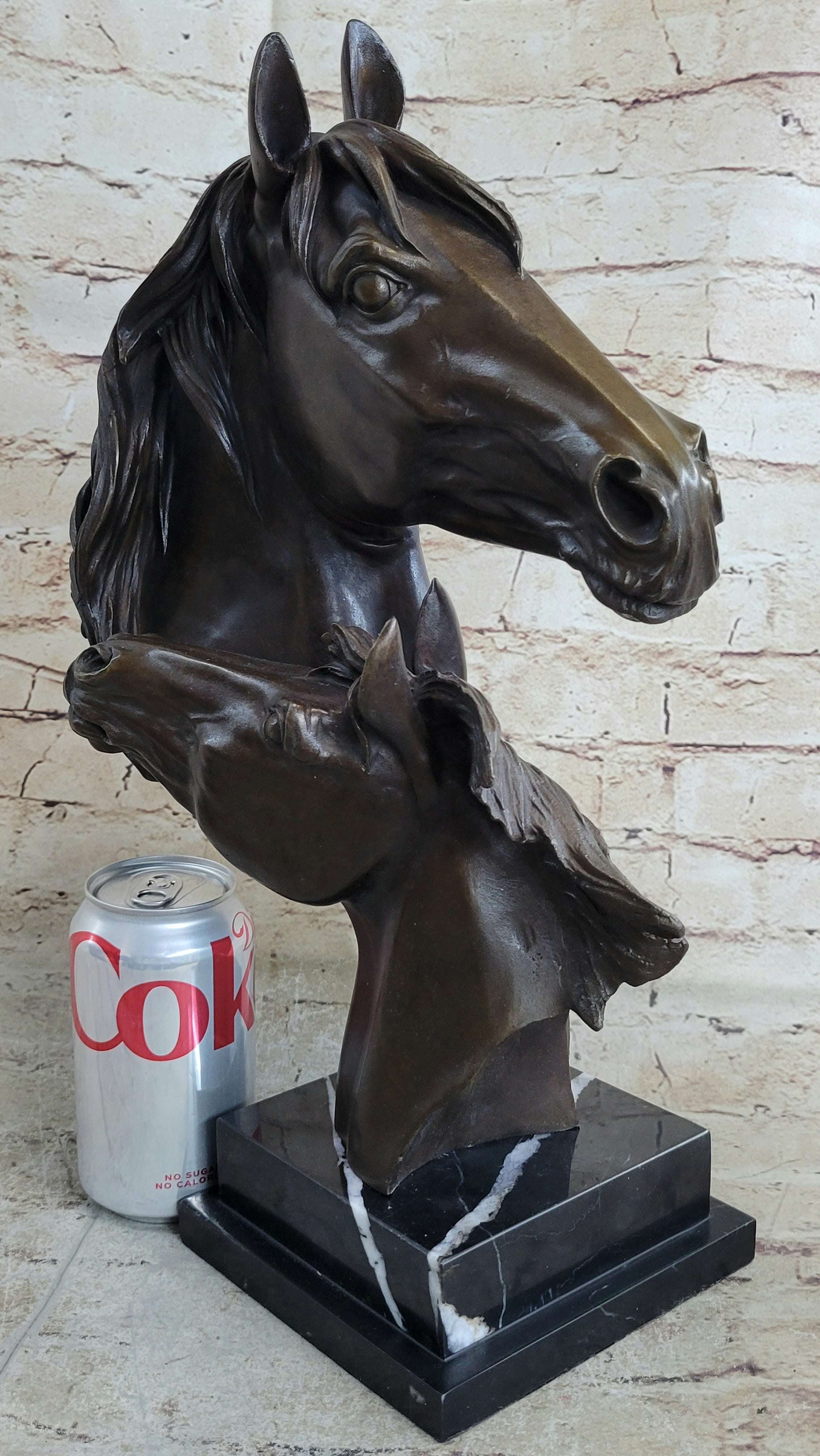 Two Horses Bust Sculpture Real Bronze Signed Original Equine Art by Milo on Marble Base