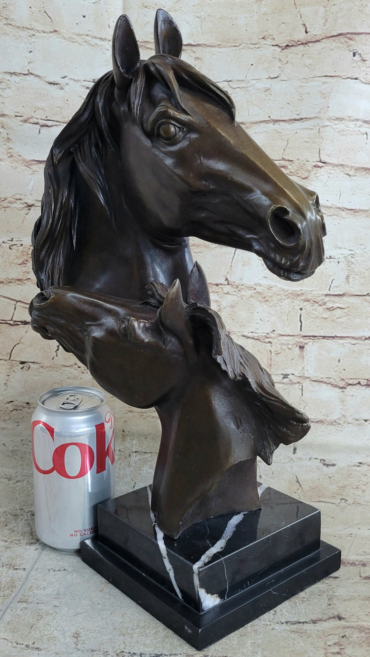 Two Horses Bust Sculpture Real Bronze Signed Original Equine Art by Milo on Marble Base