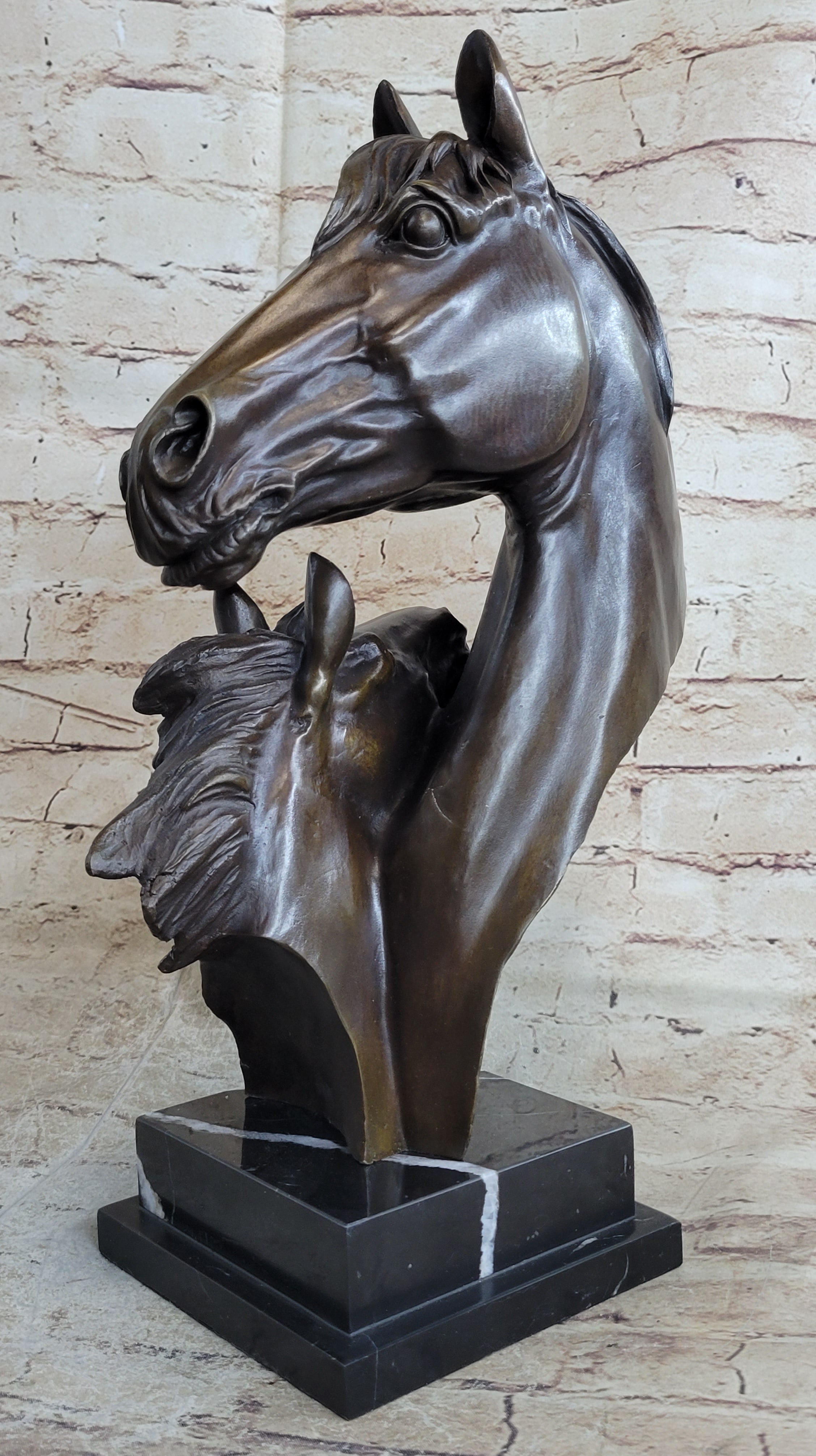 Two Horses Bust Sculpture Real Bronze Signed Original Equine Art by Milo on Marble Base