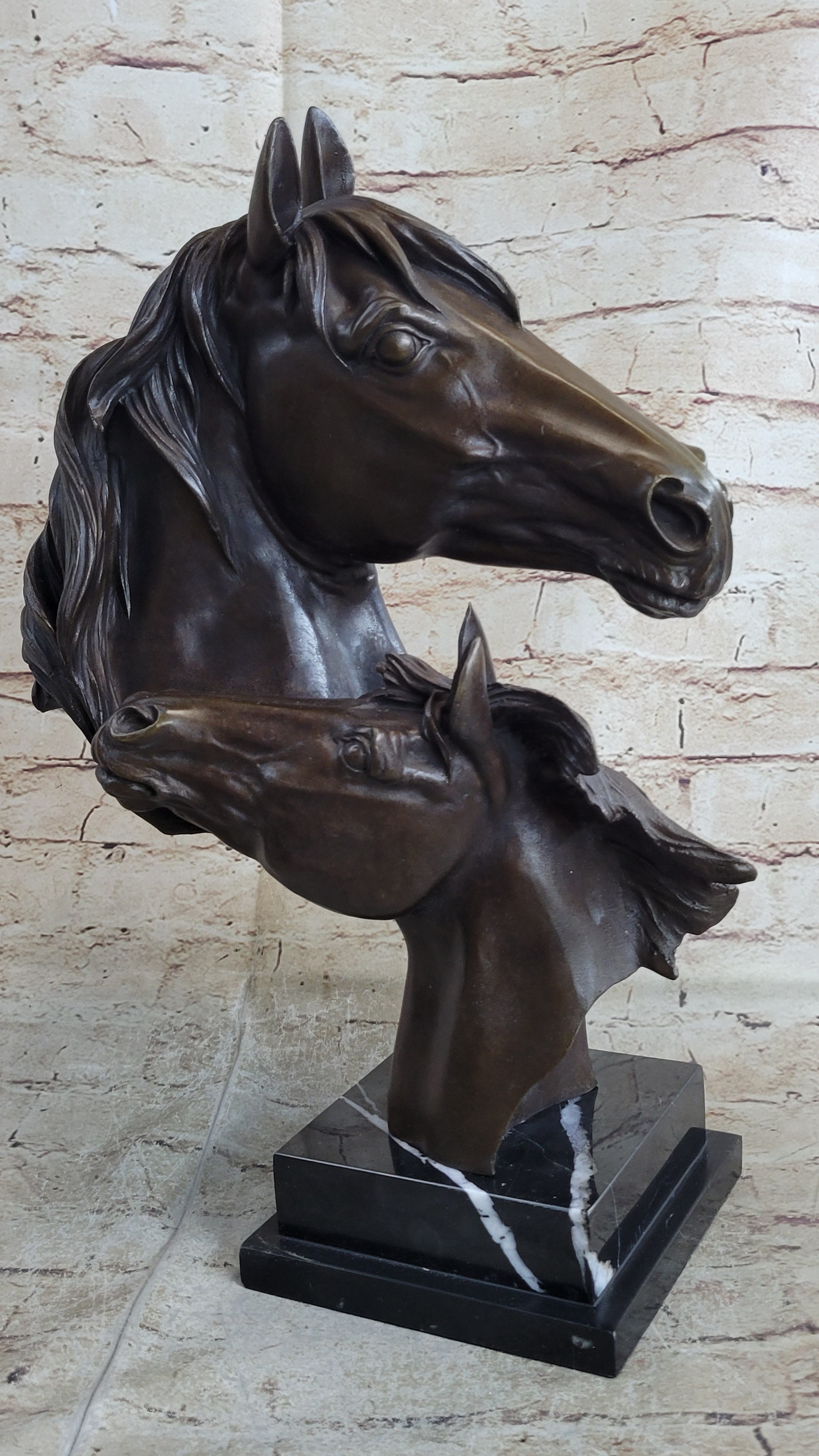 Two Horses Bust Sculpture Real Bronze Signed Original Equine Art by Milo on Marble Base