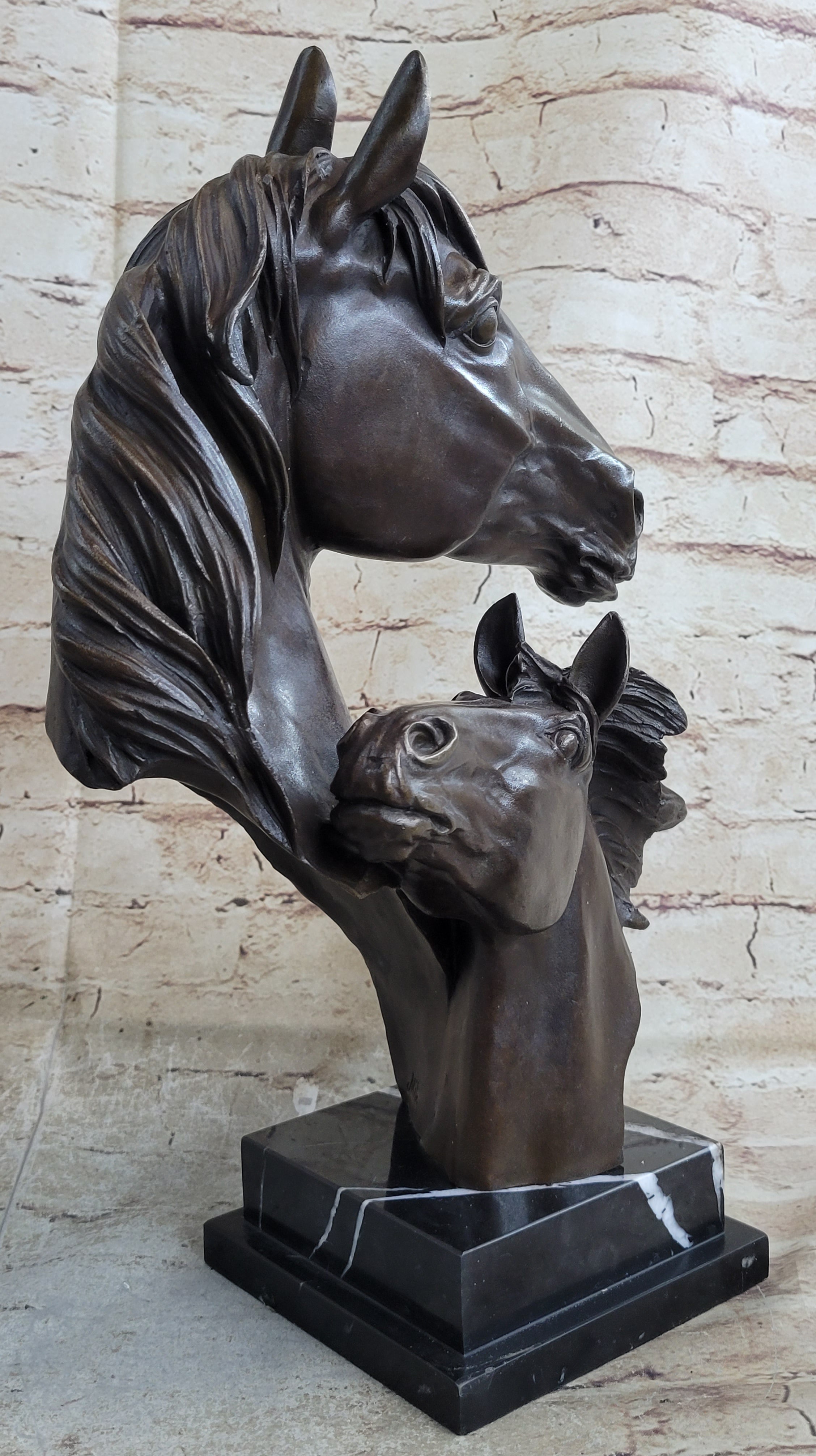 Two Horses Bust Sculpture Real Bronze Signed Original Equine Art by Milo on Marble Base