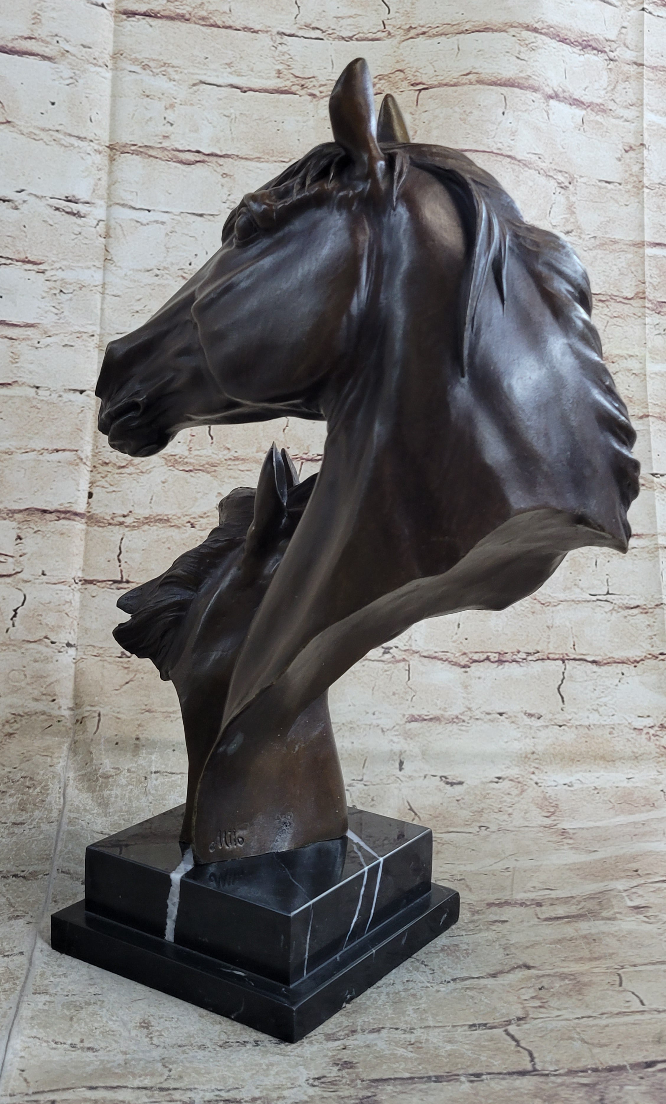 Two Horses Bust Sculpture Real Bronze Signed Original Equine Art by Milo on Marble Base