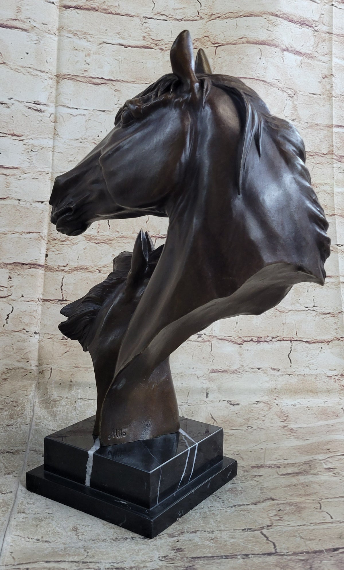 Two Horses Bust Sculpture Real Bronze Signed Original Equine Art by Milo on Marble Base