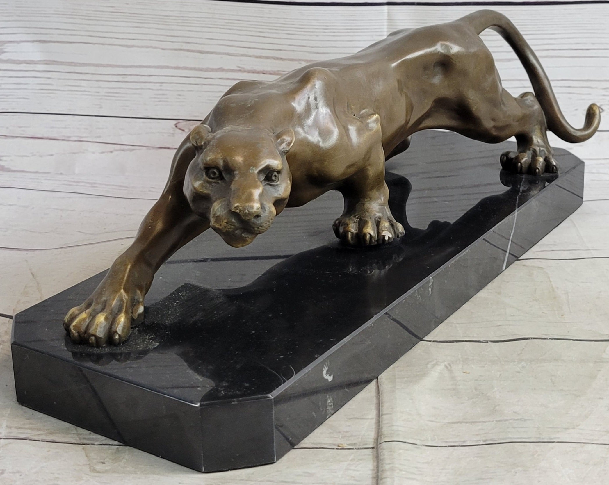 Cougar Puma Panther Mountain Lion Bronze Sculpture Statue on Marble Base
