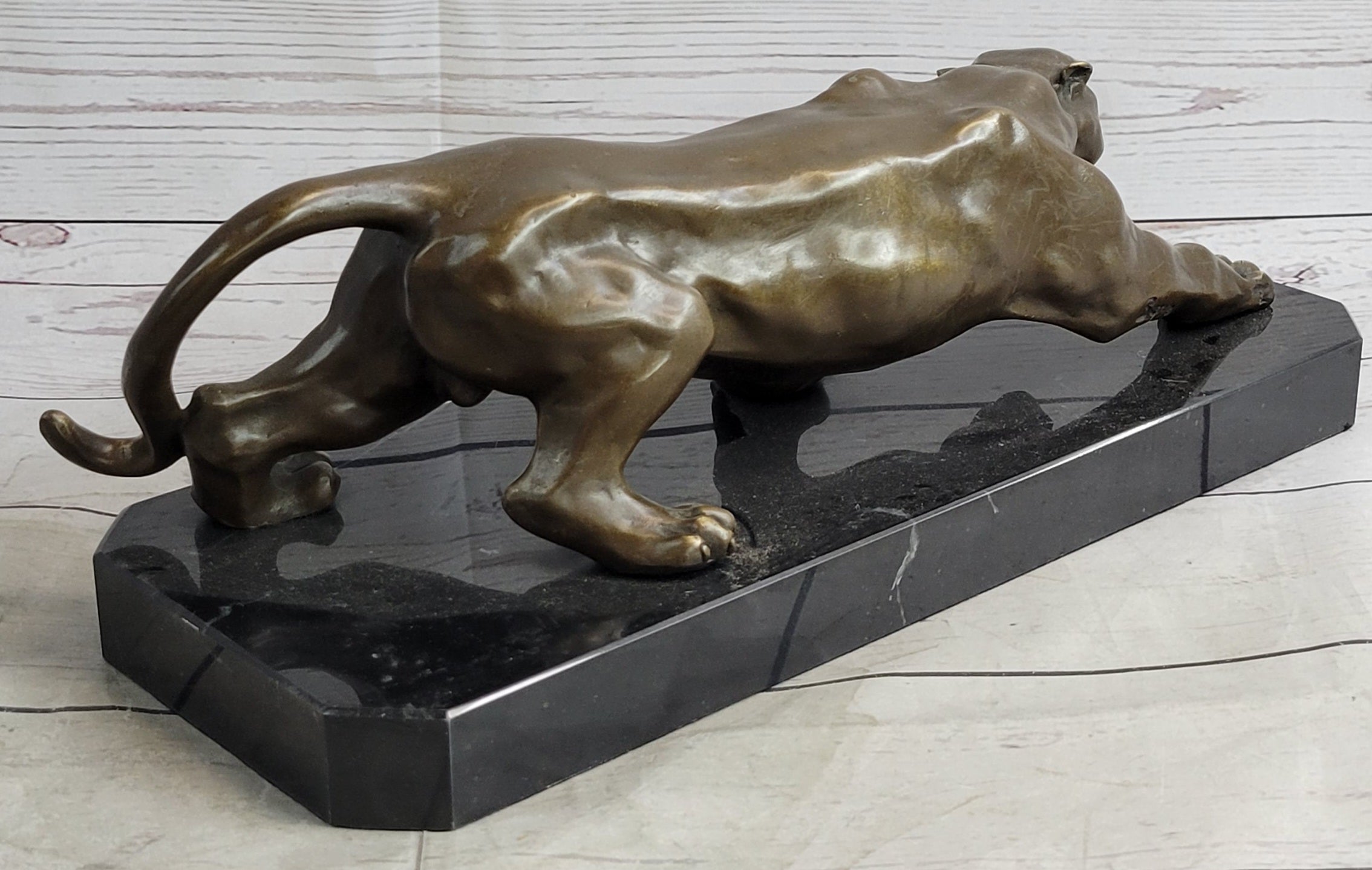Cougar Puma Panther Mountain Lion Bronze Sculpture Statue on Marble Base