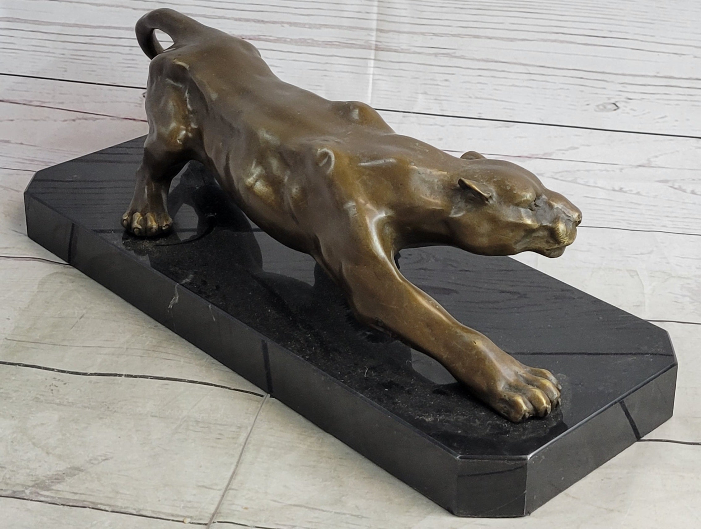 Cougar Puma Panther Mountain Lion Bronze Sculpture Statue on Marble Base