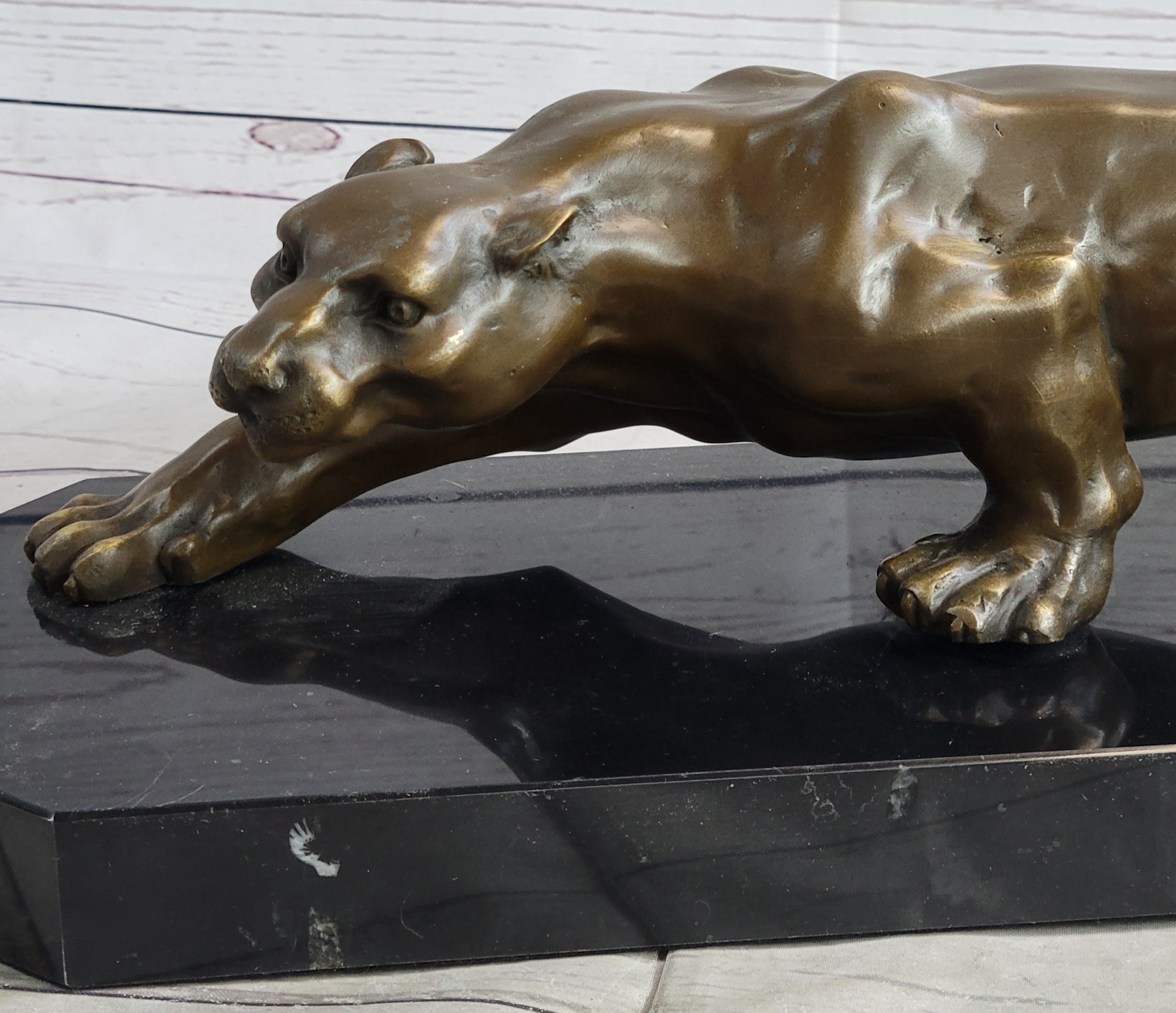 Cougar Puma Panther Mountain Lion Bronze Sculpture Statue on Marble Base