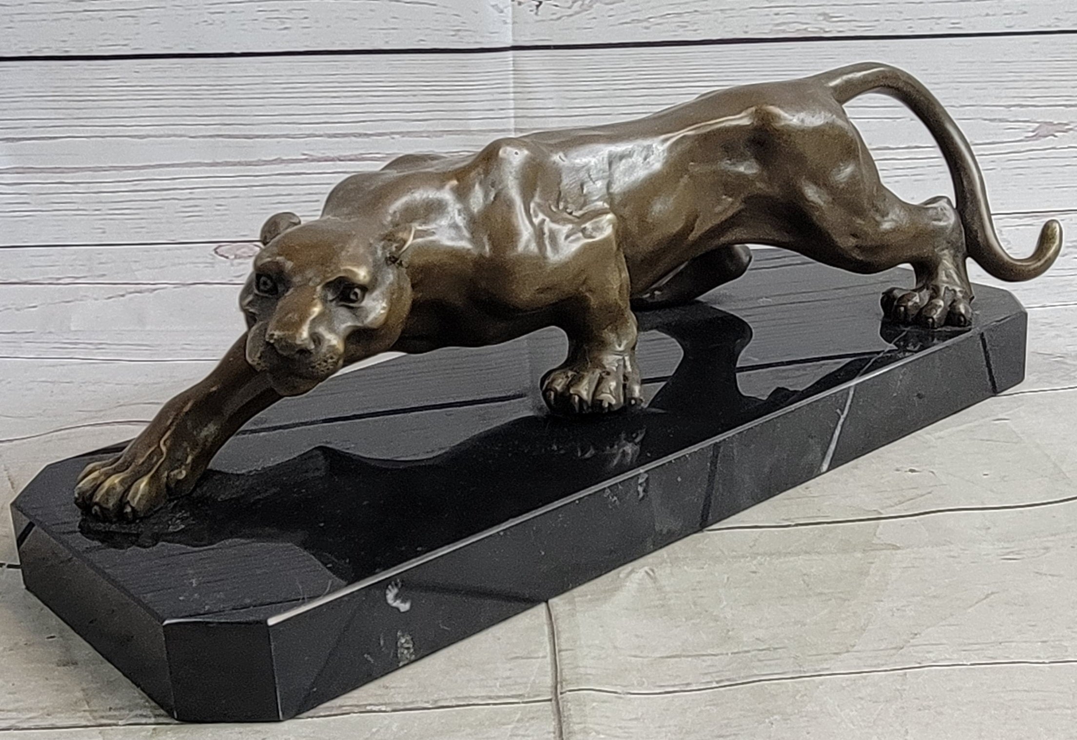 Cougar Puma Panther Mountain Lion Bronze Sculpture Statue on Marble Base