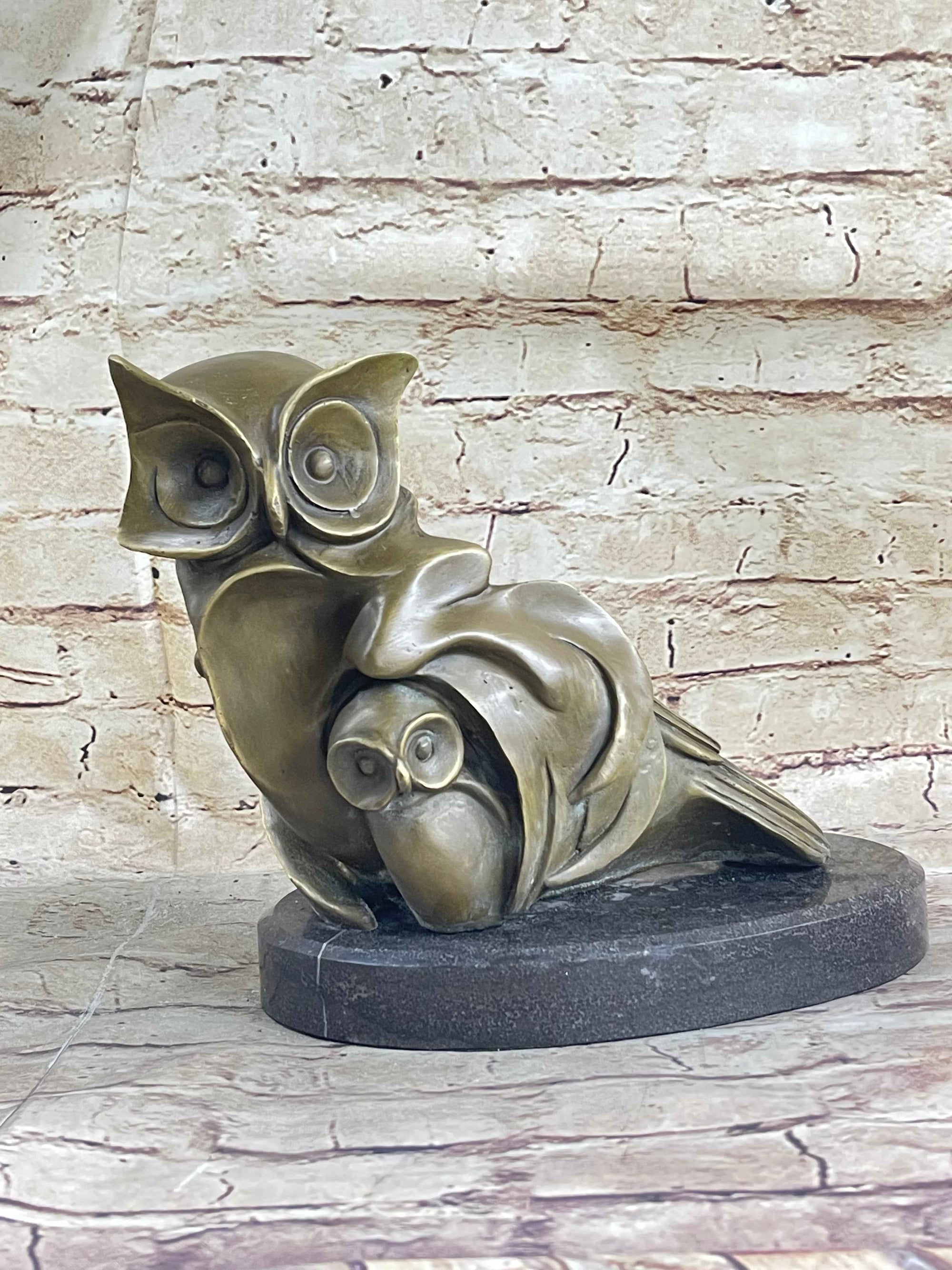 Signed Barye Owl Bird Bronze Sculpture Figurine Marble Base Art Deco HotCast Art