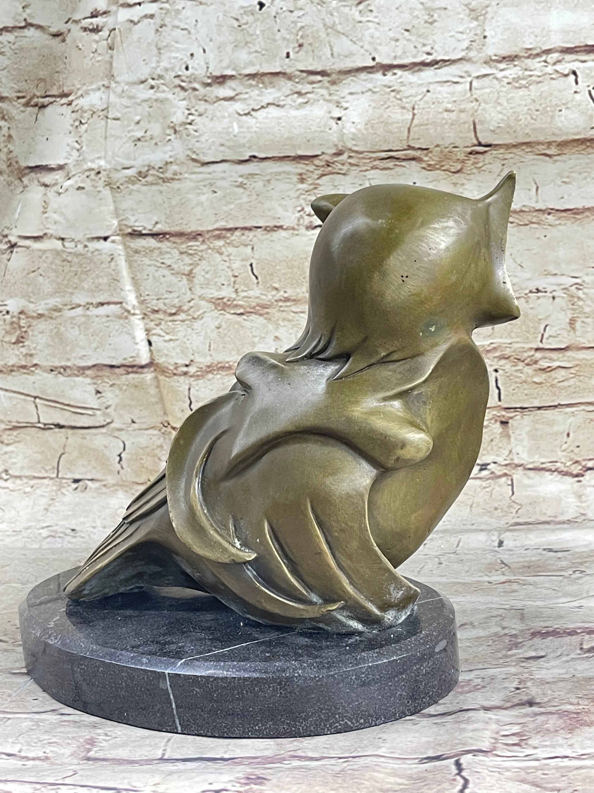 Signed Barye Owl Bird Bronze Sculpture Figurine Marble Base Art Deco HotCast Art