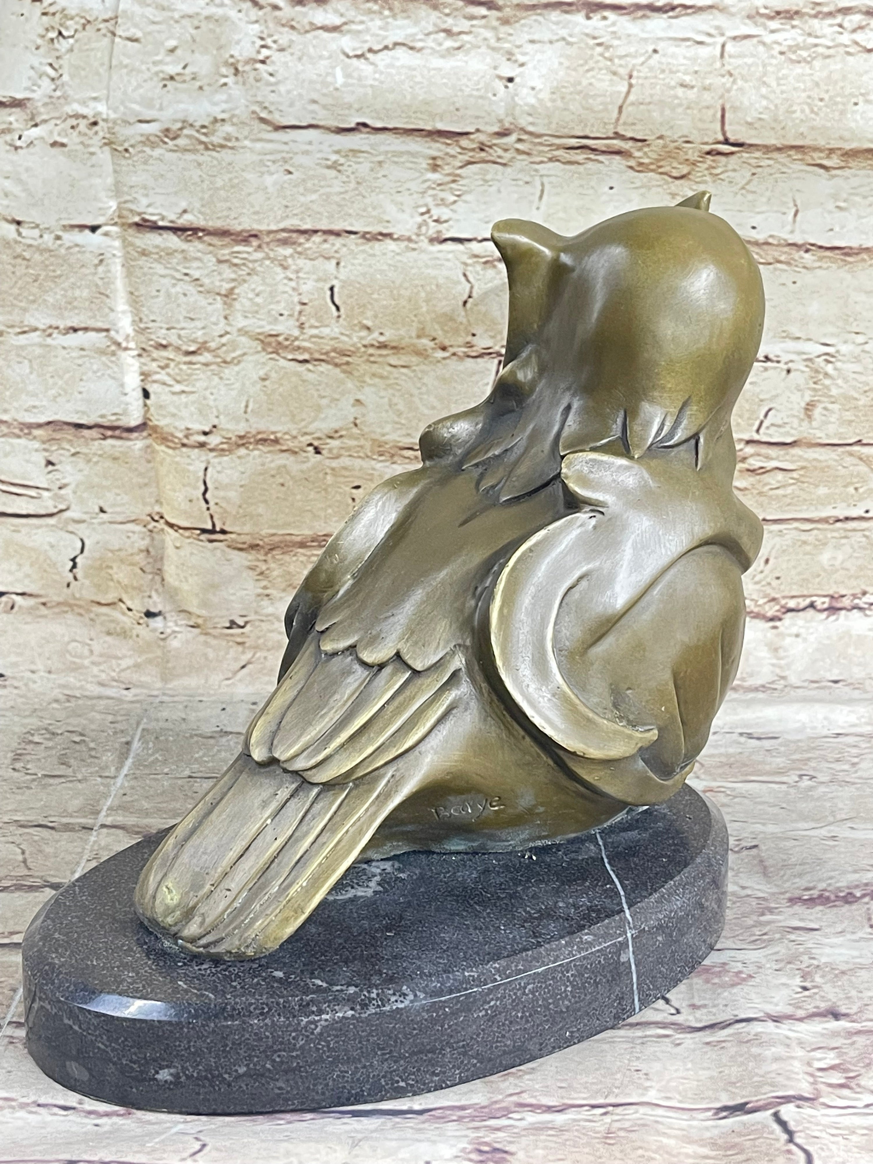 Signed Barye Owl Bird Bronze Sculpture Figurine Marble Base Art Deco HotCast Art