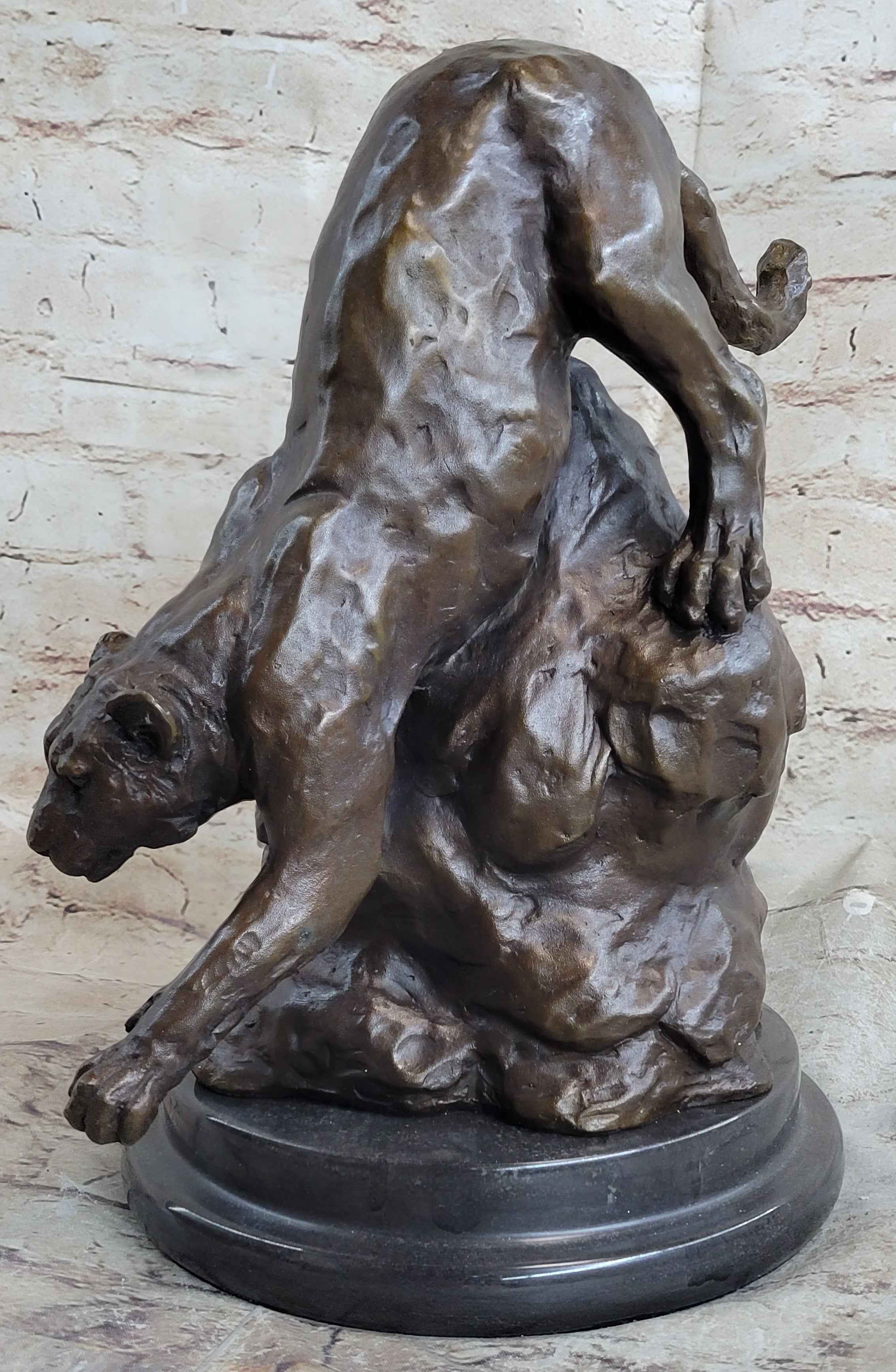 Signed Barye African Wild Cat Jungle Lion Bronze Statue Sculpture Figurine Art