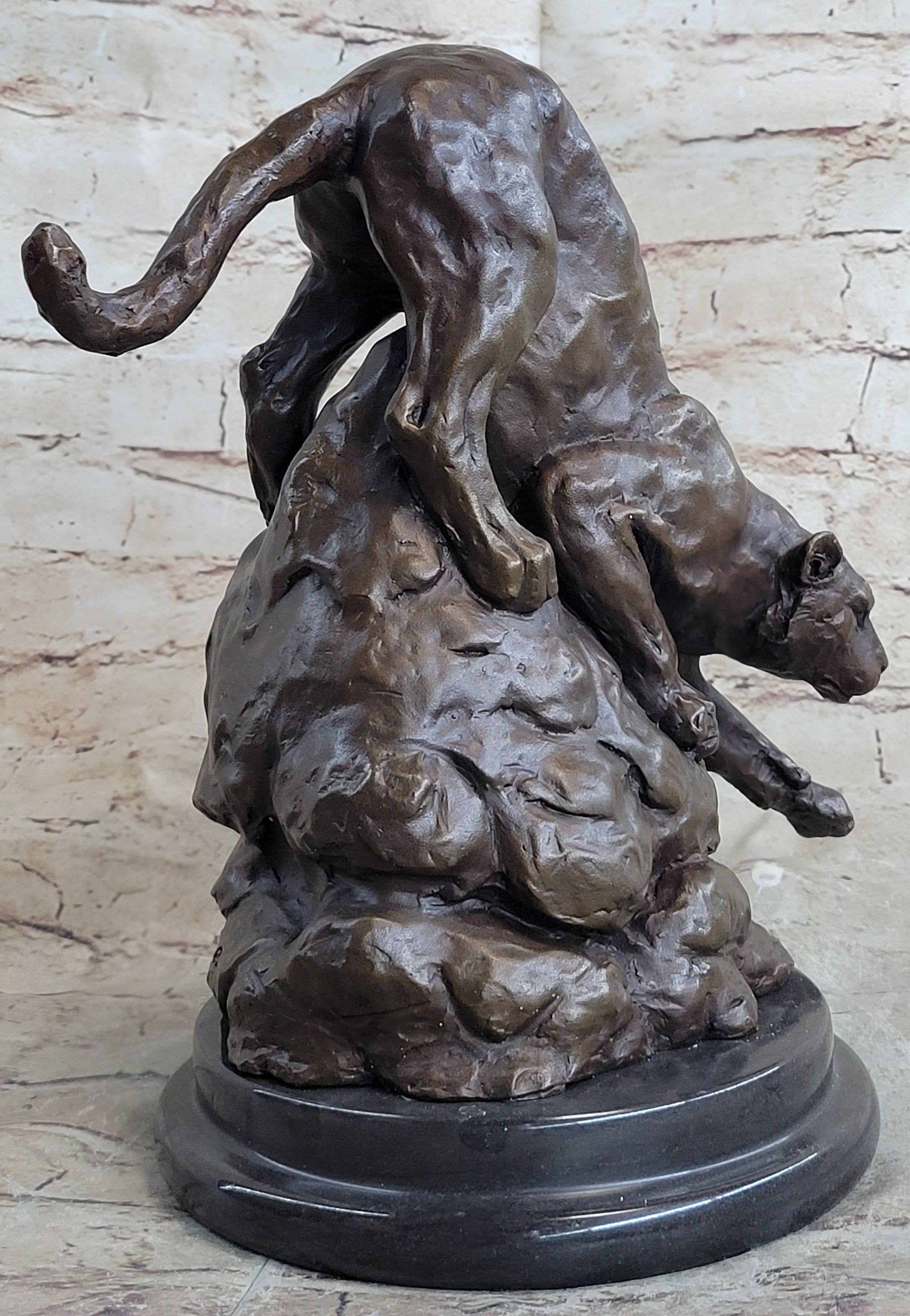 Signed Barye African Wild Cat Jungle Lion Bronze Statue Sculpture Figurine Art