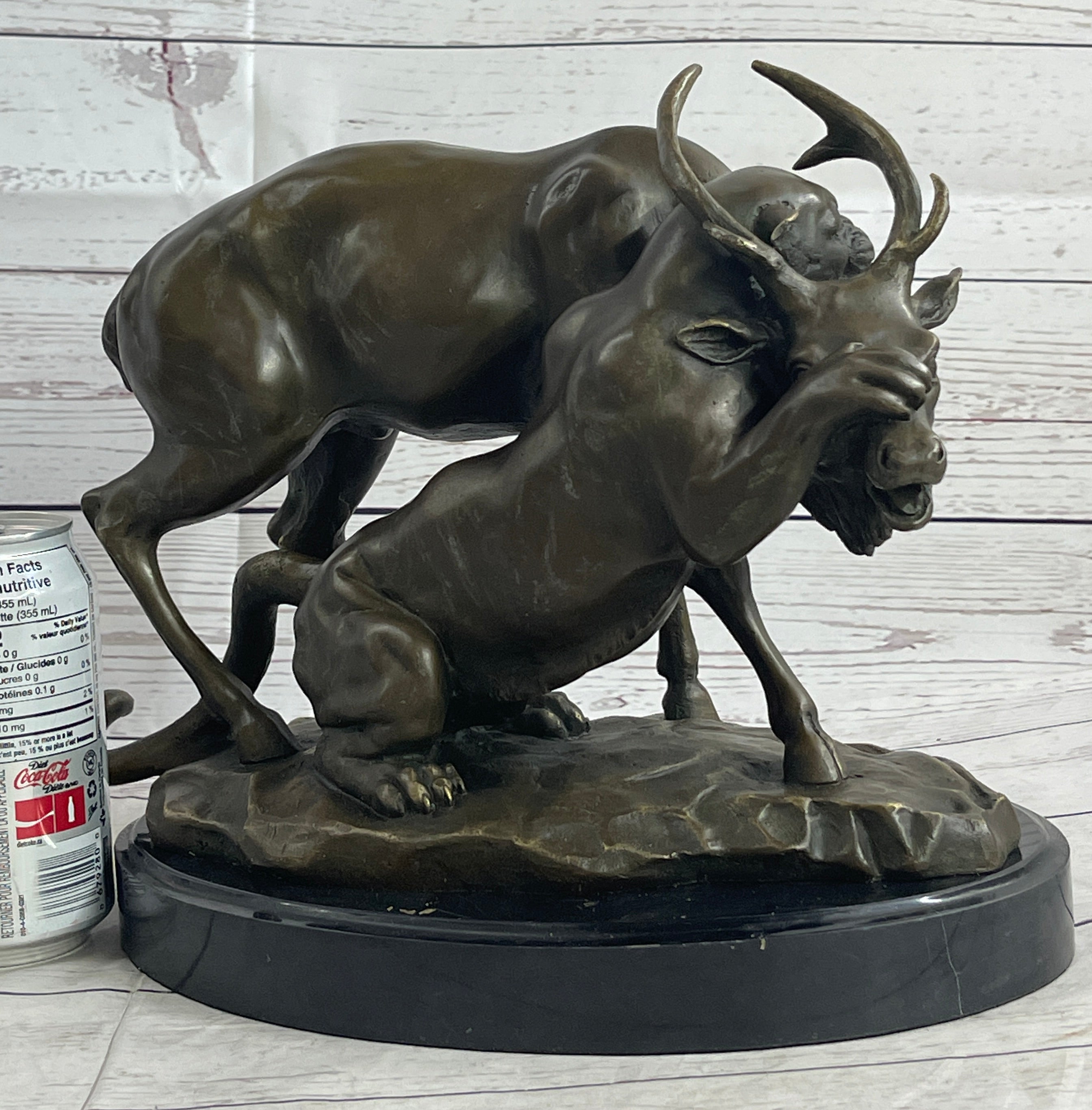 Mountain Lion Hunting Elk Deer by PJ Mene Bronze Statue Sculpture Wildlife Decor 11"X 13"