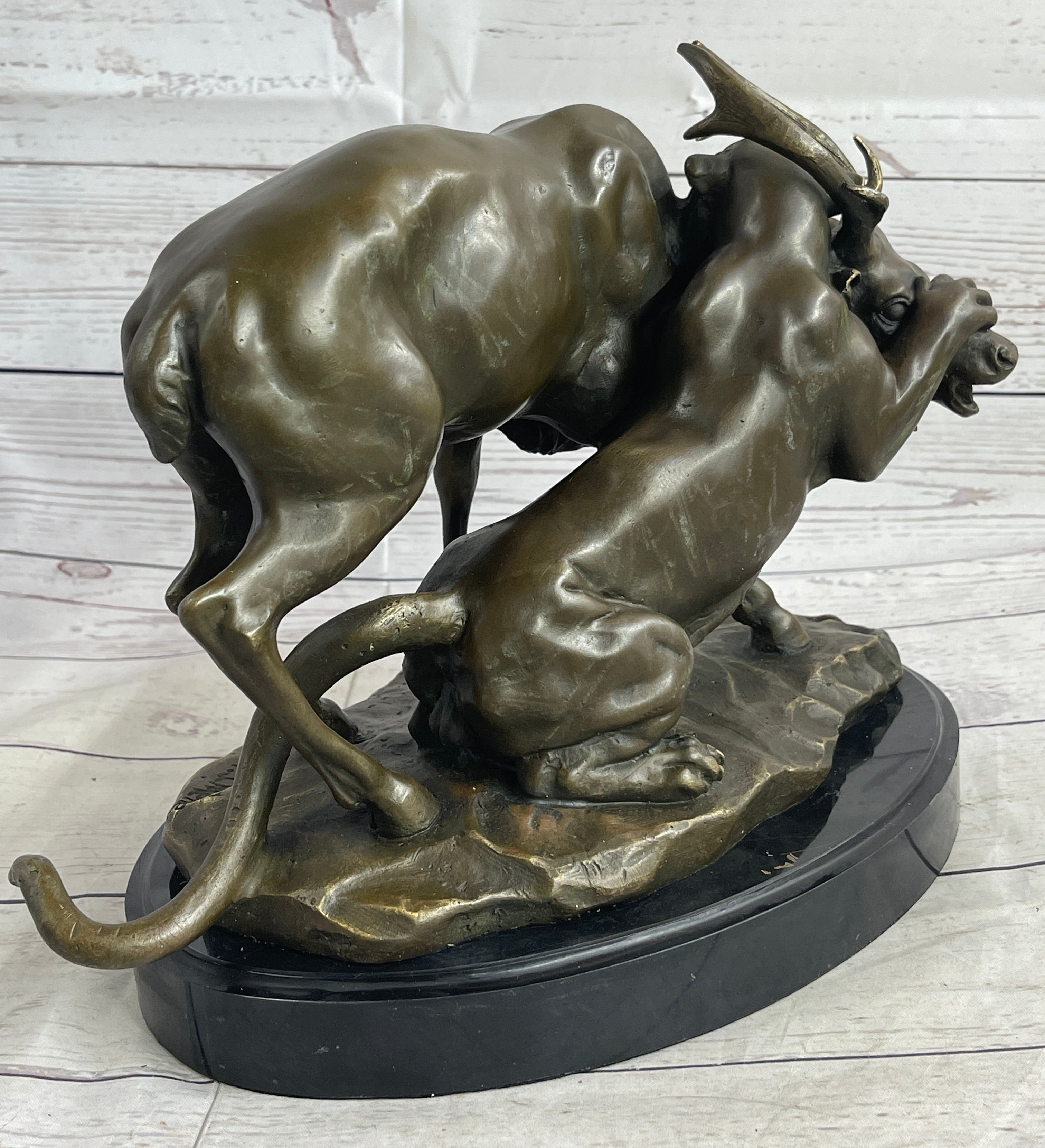 Mountain Lion Hunting Elk Deer by PJ Mene Bronze Statue Sculpture Wildlife Decor 11"X 13"