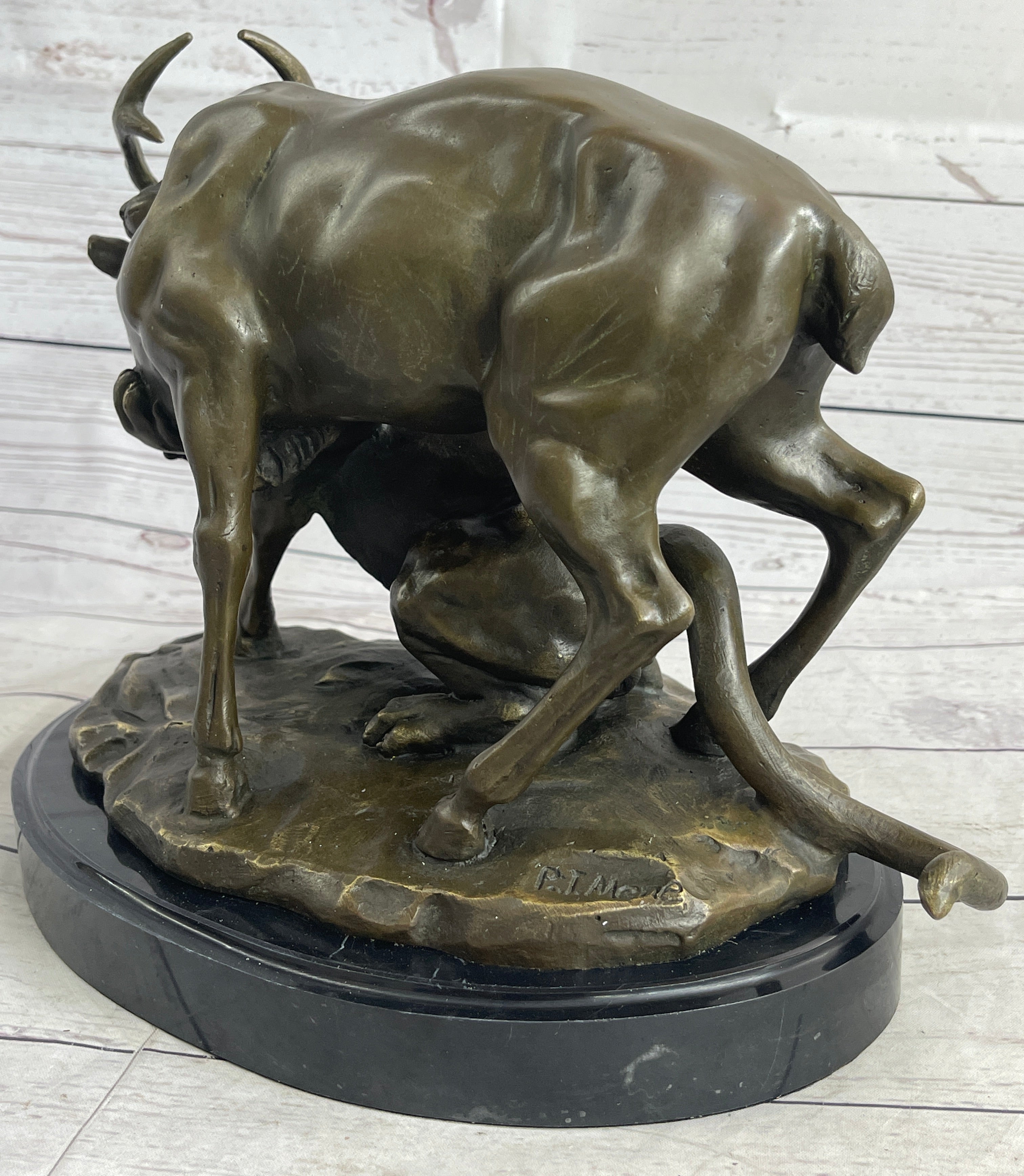Mountain Lion Hunting Elk Deer by PJ Mene Bronze Statue Sculpture Wildlife Decor 11"X 13"
