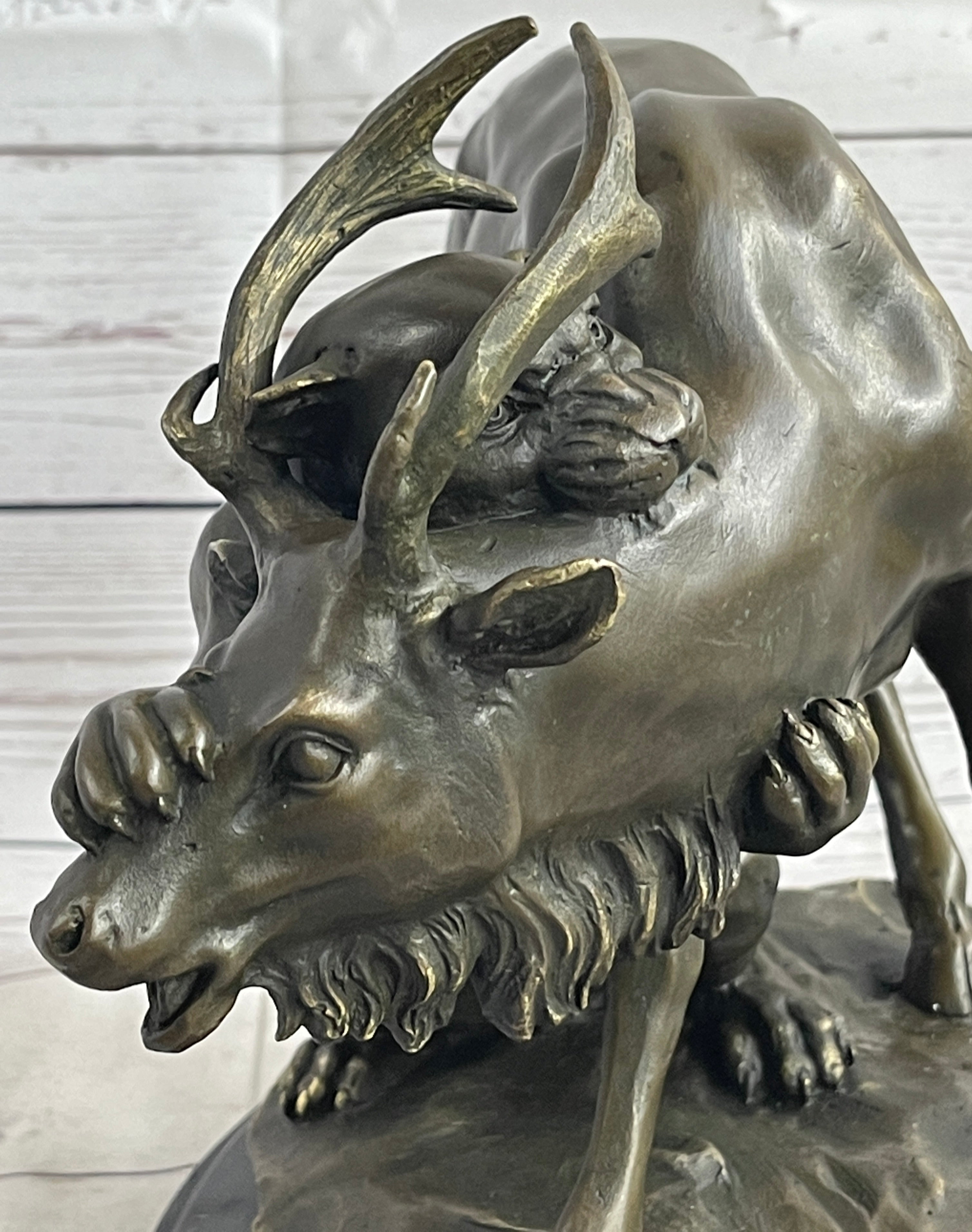 Mountain Lion Hunting Elk Deer by PJ Mene Bronze Statue Sculpture Wildlife Decor 11"X 13"