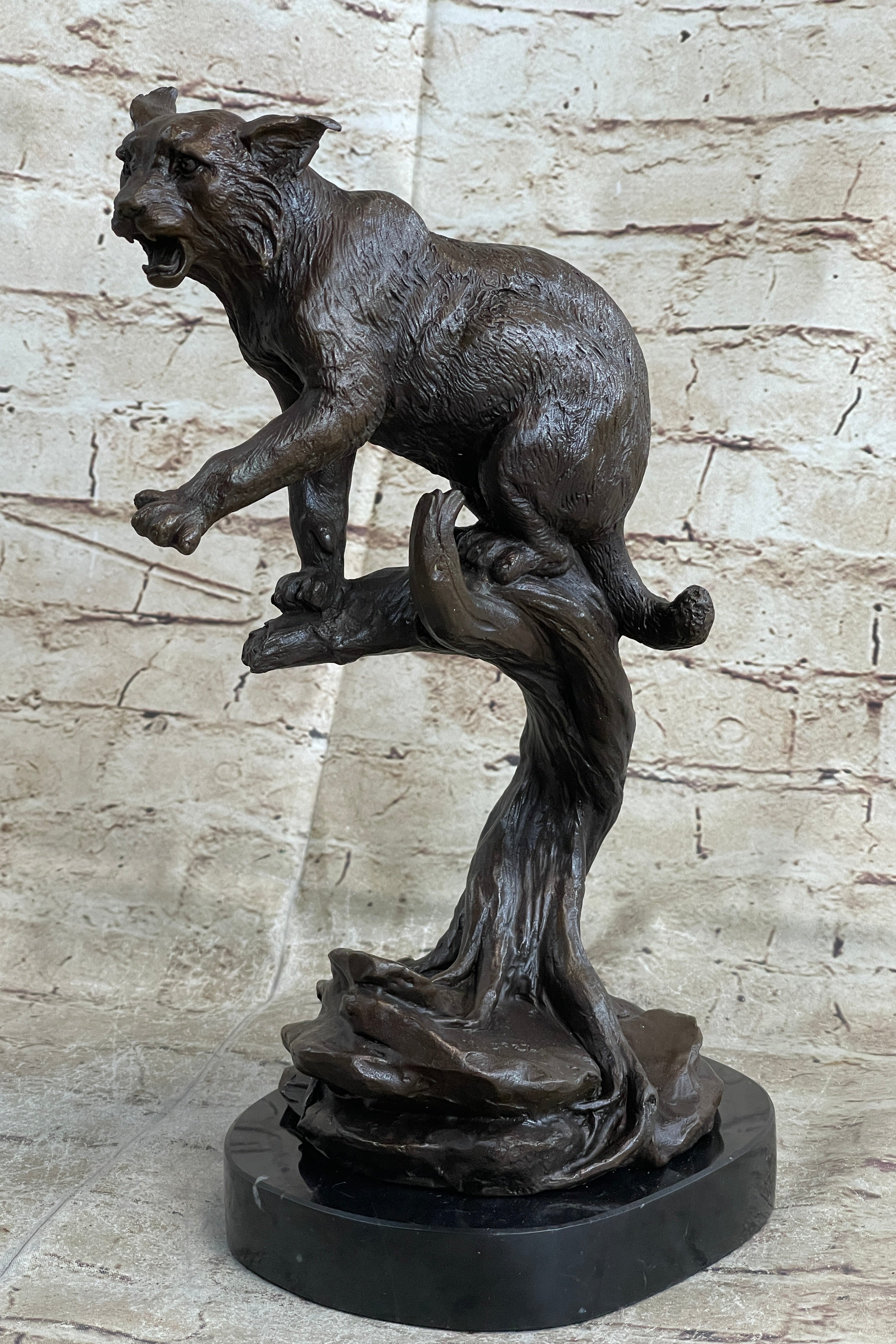 Cougar Panther Jaguar Cat Collector Bronze Marble Base Bookend Statue Art Decor