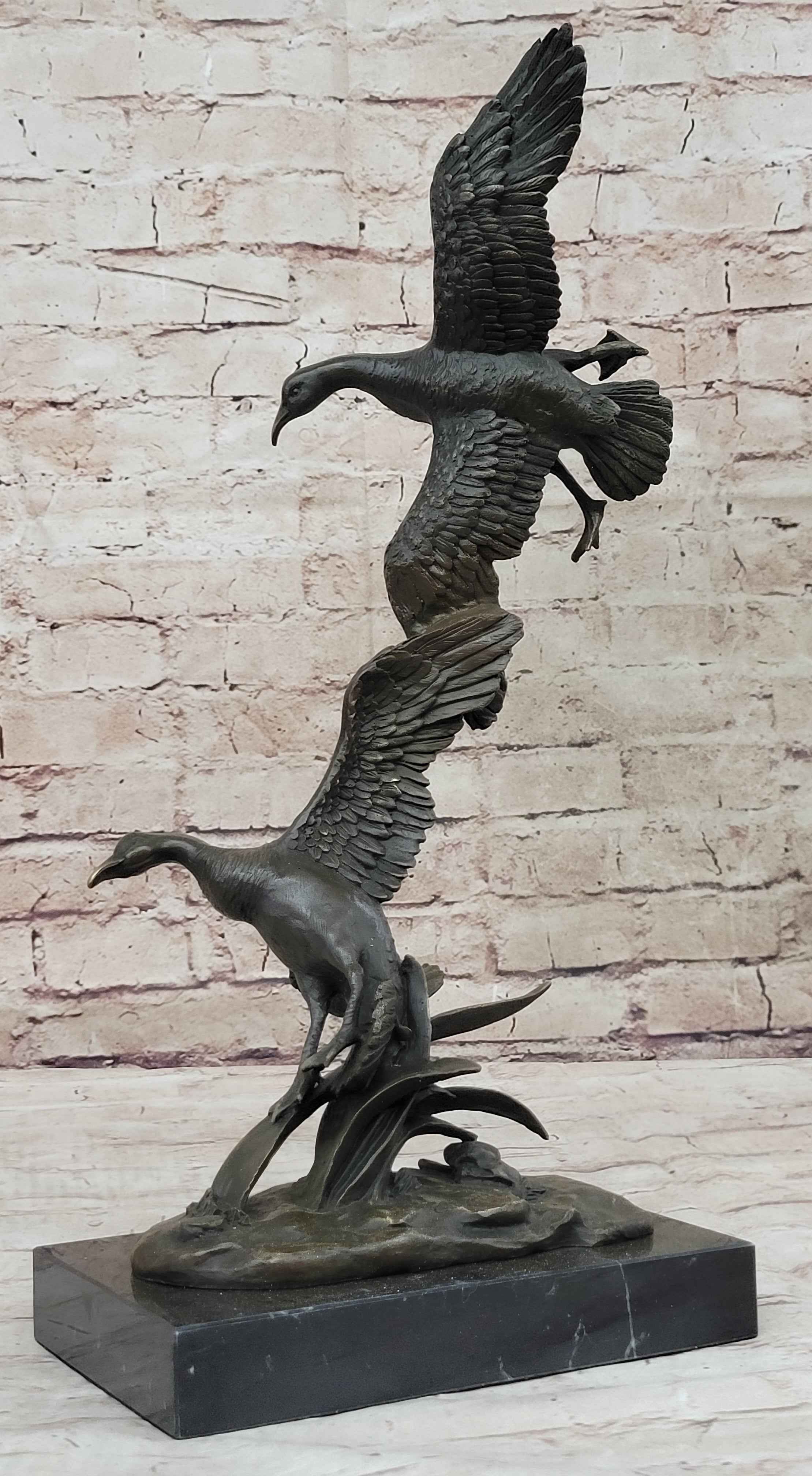 Flying Ducks Family Water Birds Bronze Statue Sculpture Figure Marble Base 17" x 15"