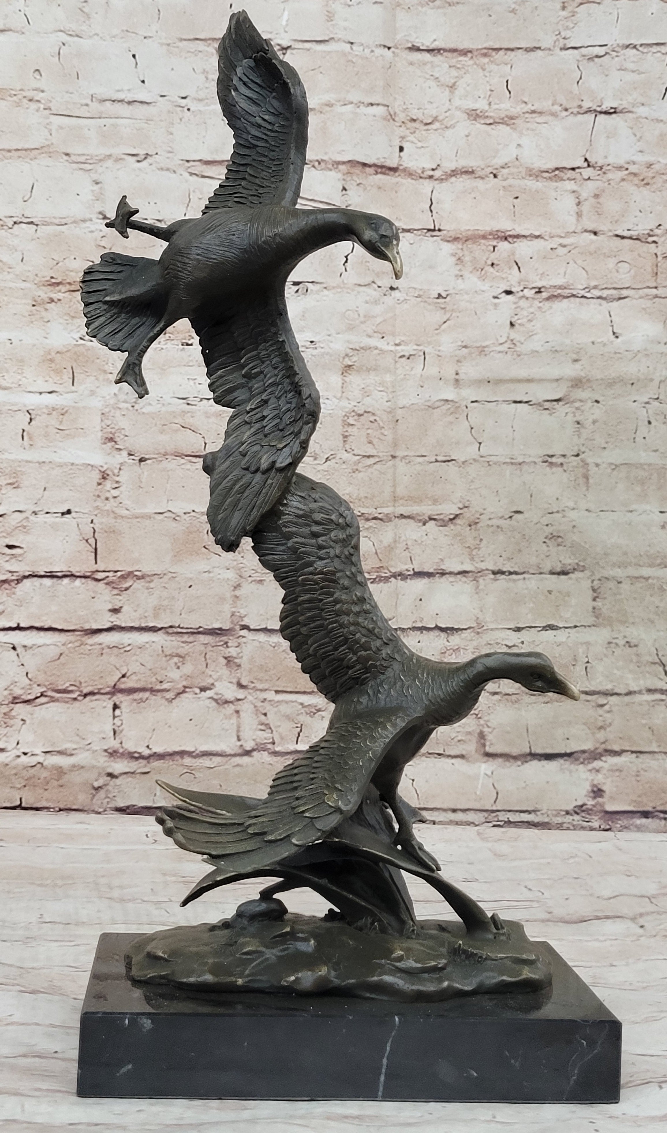 Flying Ducks Family Water Birds Bronze Statue Sculpture Figure Marble Base 17" x 15"