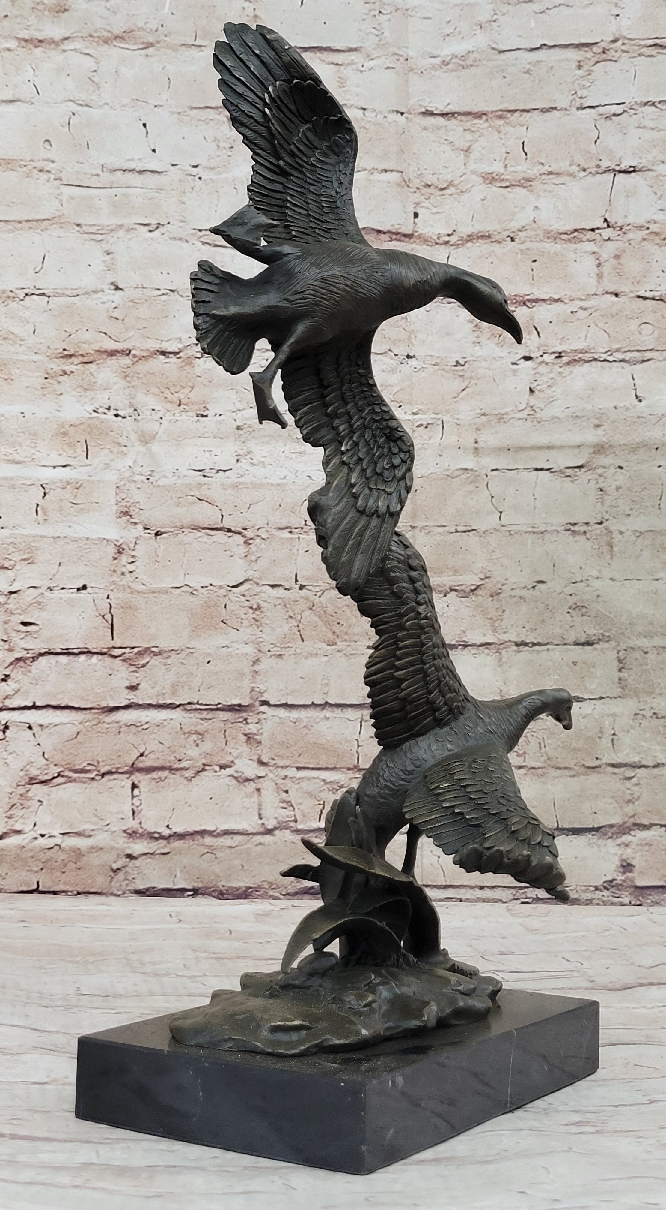 Flying Ducks Family Water Birds Bronze Statue Sculpture Figure Marble Base 17" x 15"