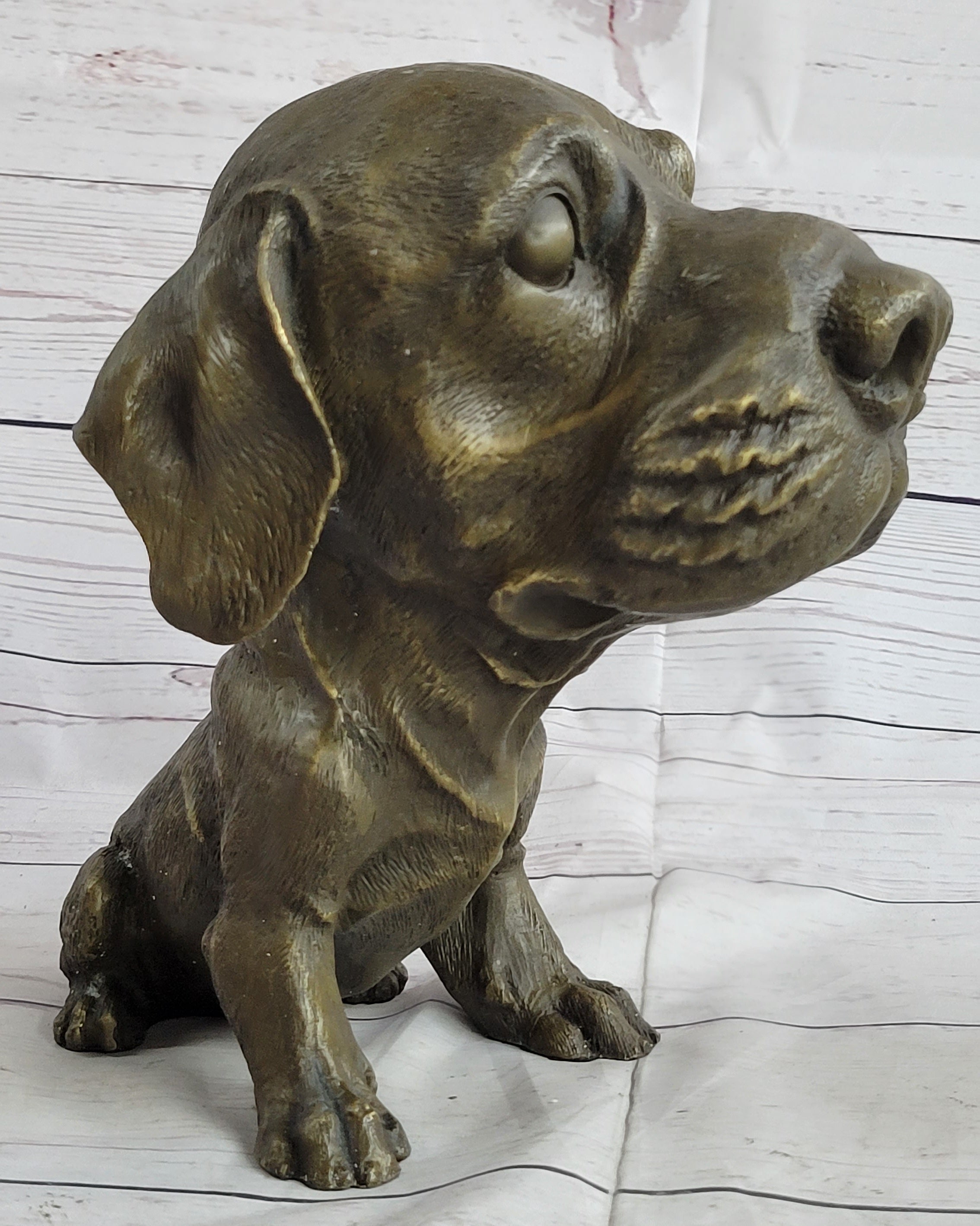 Bobble Head Style Floppy Eared Dog Cute Bronze Statue Sculpture Signed Collectible 9" x 9"