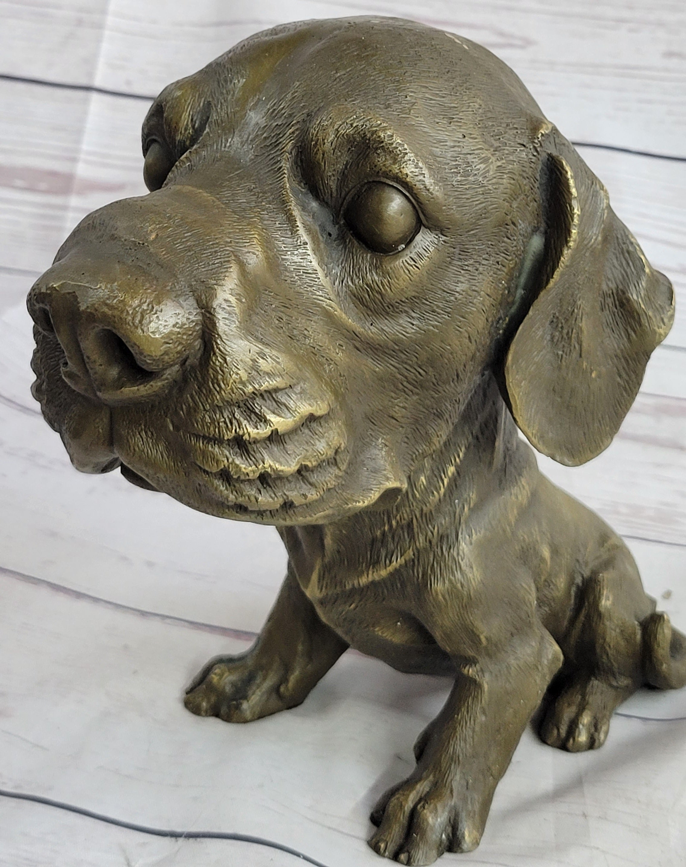 Bobble Head Style Floppy Eared Dog Cute Bronze Statue Sculpture Signed Collectible 9" x 9"