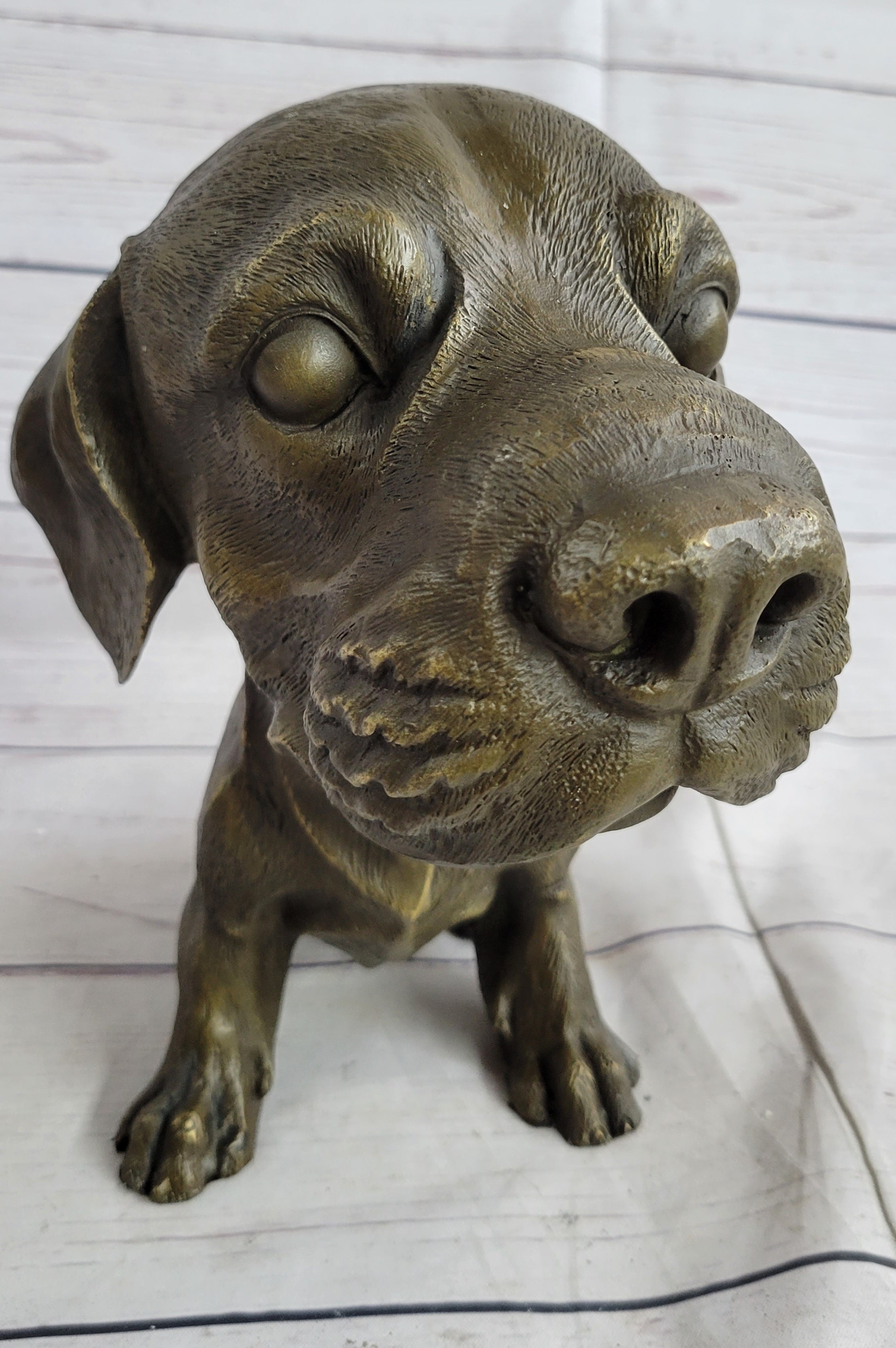 Bobble Head Style Floppy Eared Dog Cute Bronze Statue Sculpture Signed Collectible 9" x 9"