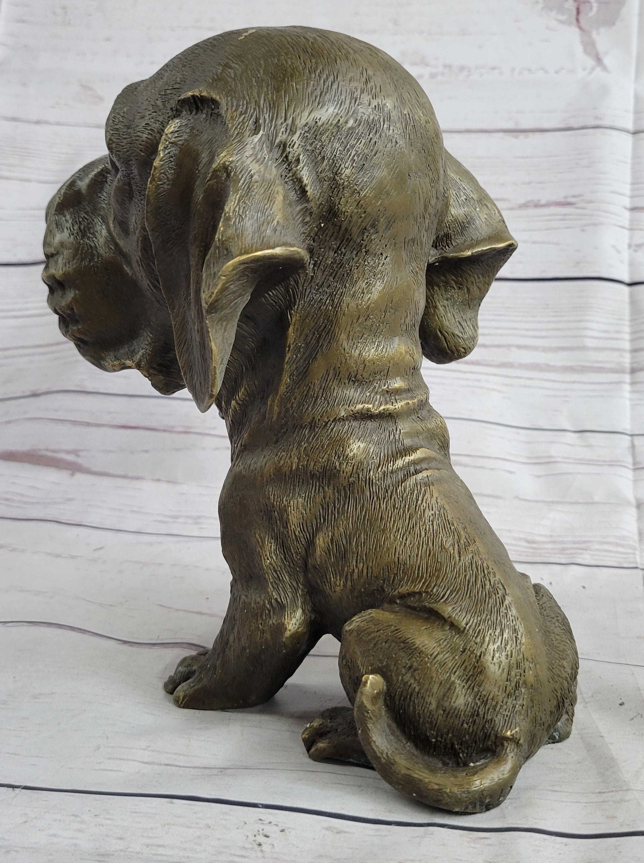 Bobble Head Style Floppy Eared Dog Cute Bronze Statue Sculpture Signed Collectible 9" x 9"