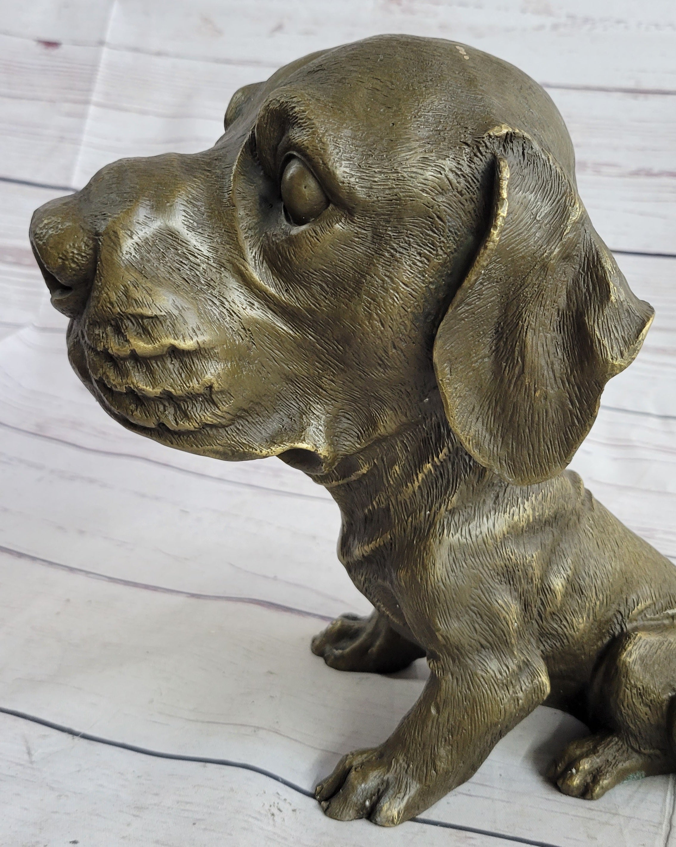 Bobble Head Style Floppy Eared Dog Cute Bronze Statue Sculpture Signed Collectible 9" x 9"