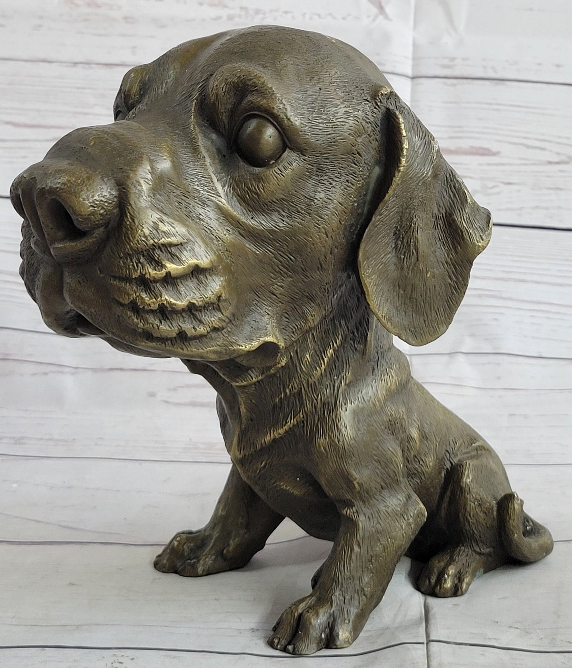 Bobble Head Style Floppy Eared Dog Cute Bronze Statue Sculpture Signed Collectible 9" x 9"