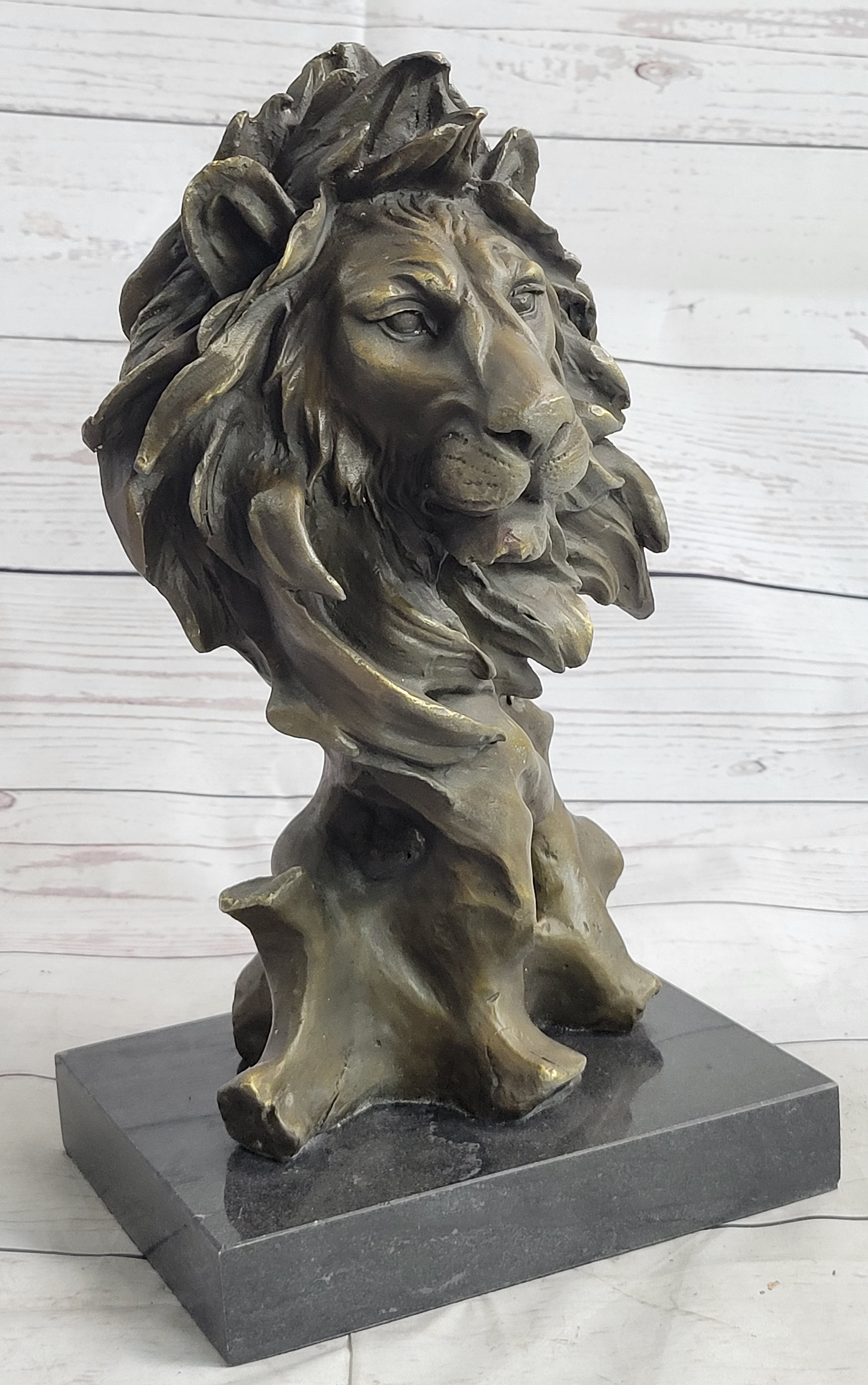 Male Lion Abstract Modern Bust Statue Sculpture Bronze Metal on Marble 12" x 7"