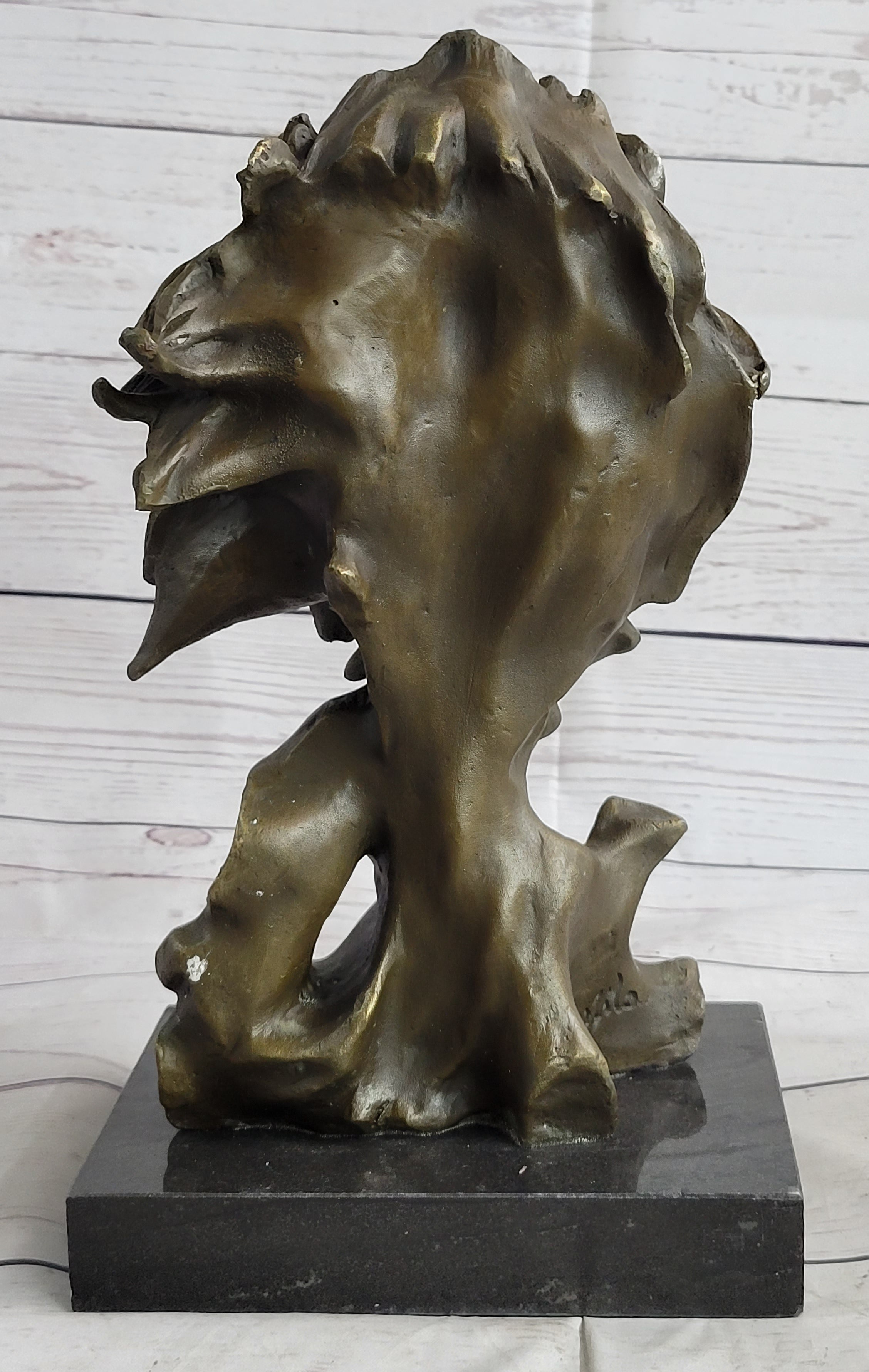 Male Lion Abstract Modern Bust Statue Sculpture Bronze Metal on Marble 12" x 7"