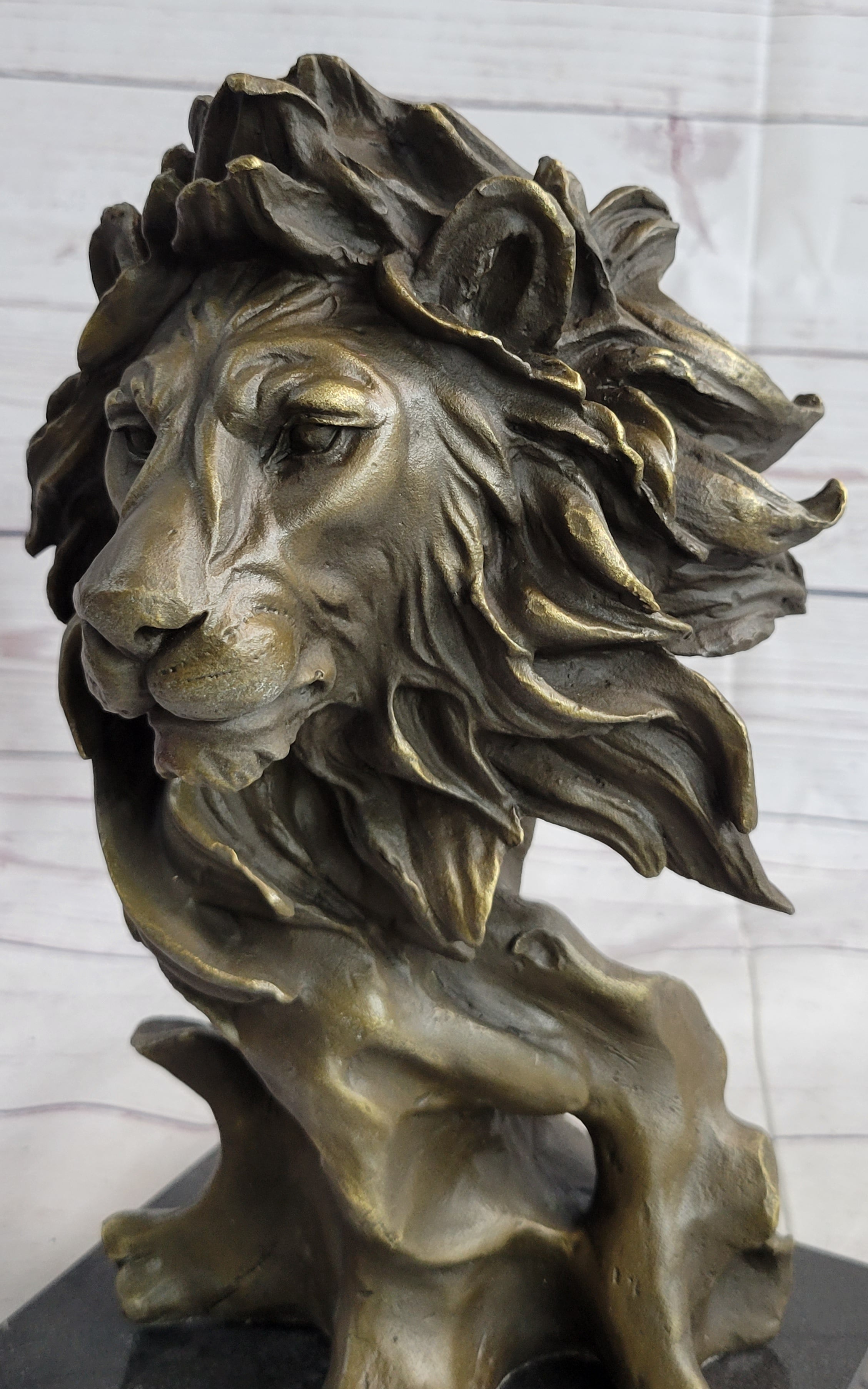 Male Lion Abstract Modern Bust Statue Sculpture Bronze Metal on Marble 12" x 7"