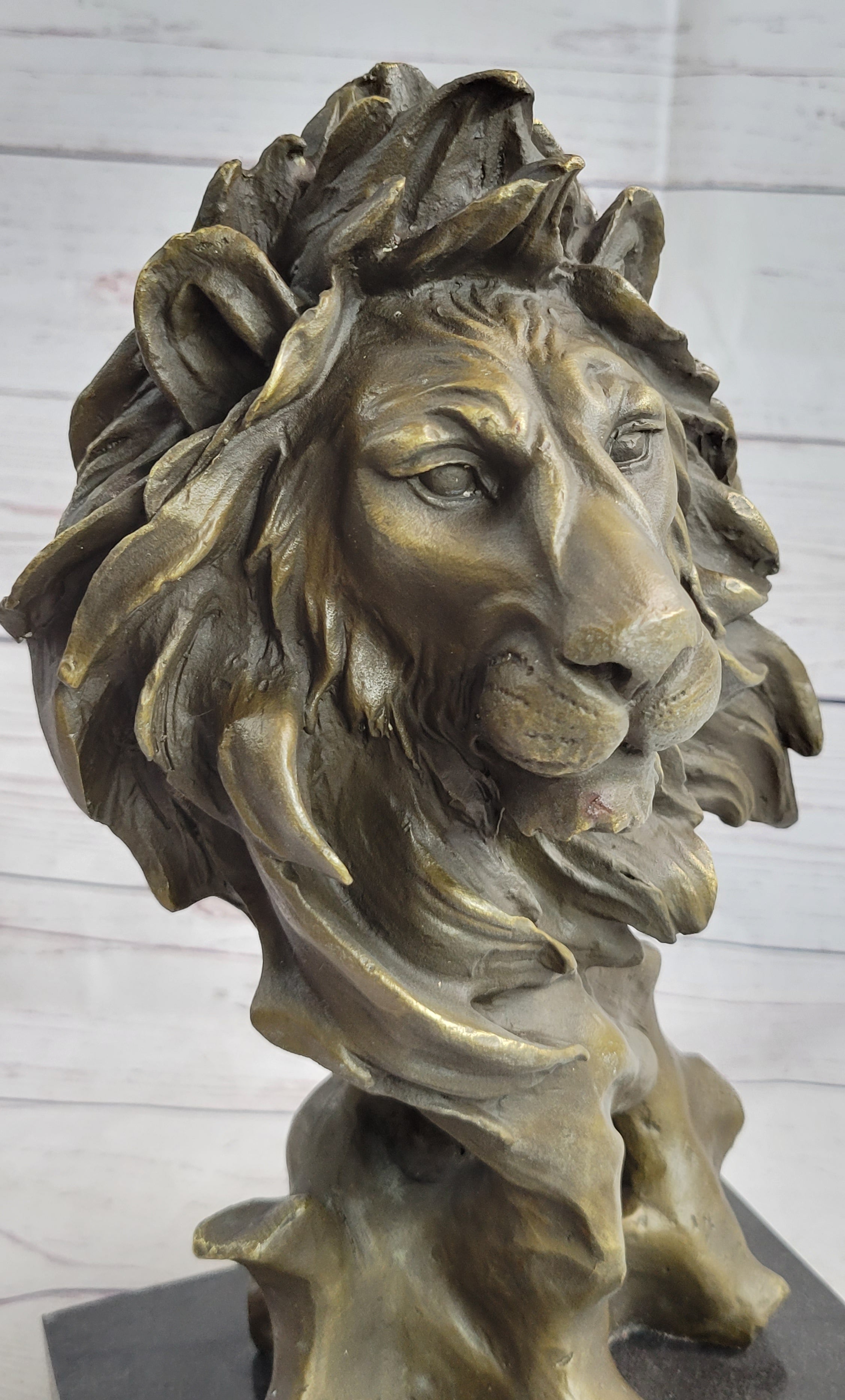 Male Lion Abstract Modern Bust Statue Sculpture Bronze Metal on Marble 12" x 7"