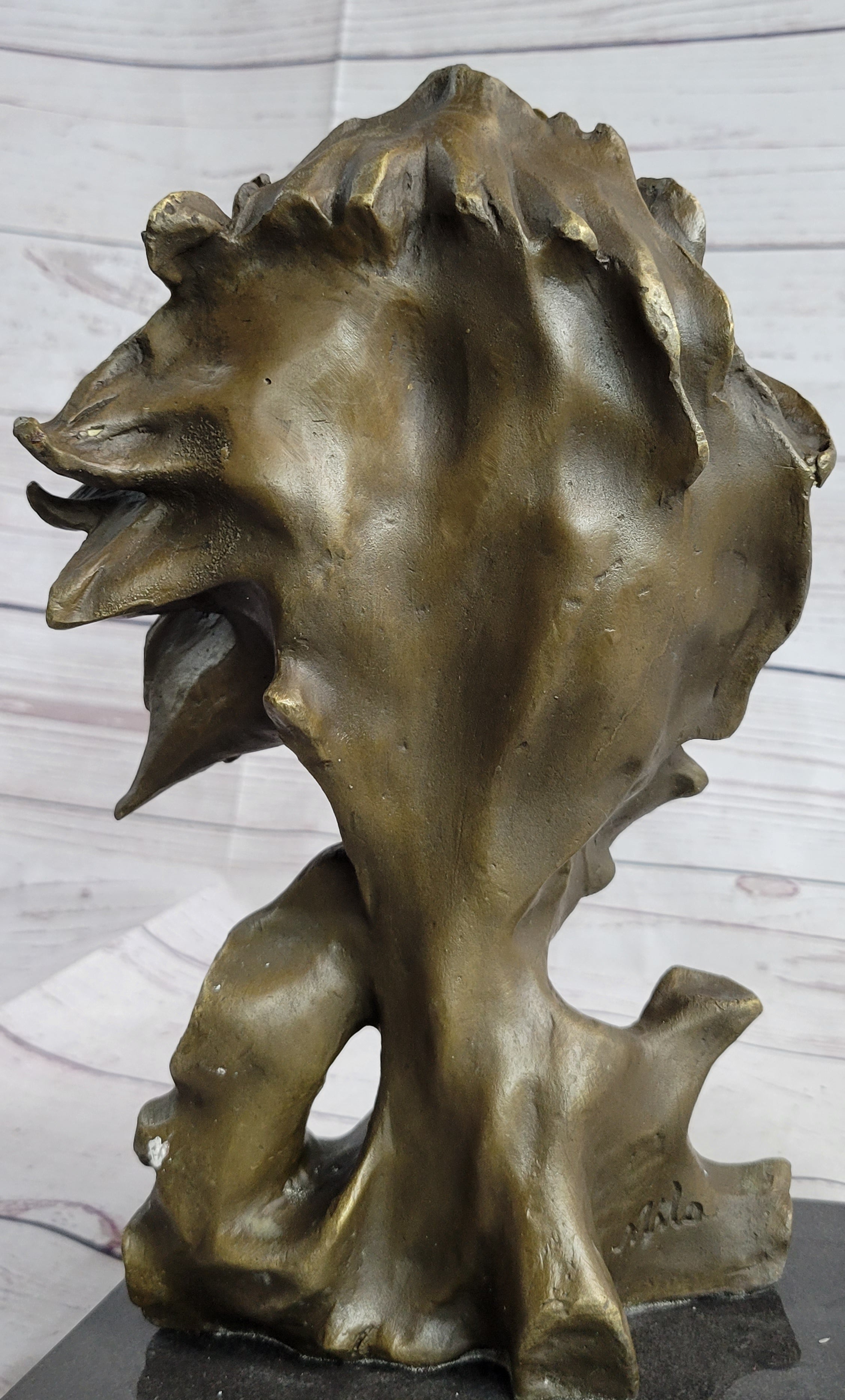 Male Lion Abstract Modern Bust Statue Sculpture Bronze Metal on Marble 12" x 7"