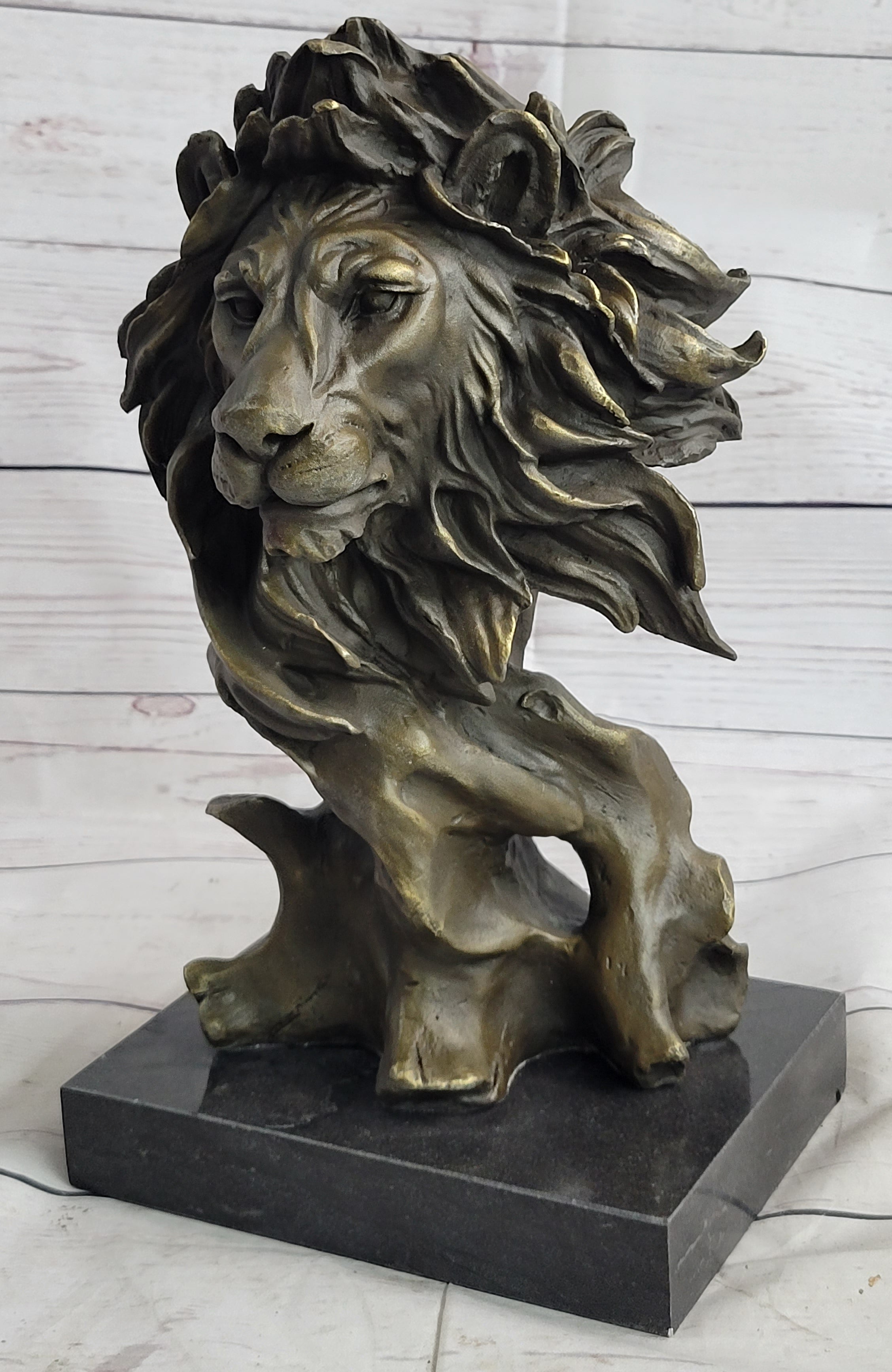 Male Lion Abstract Modern Bust Statue Sculpture Bronze Metal on Marble 12" x 7"