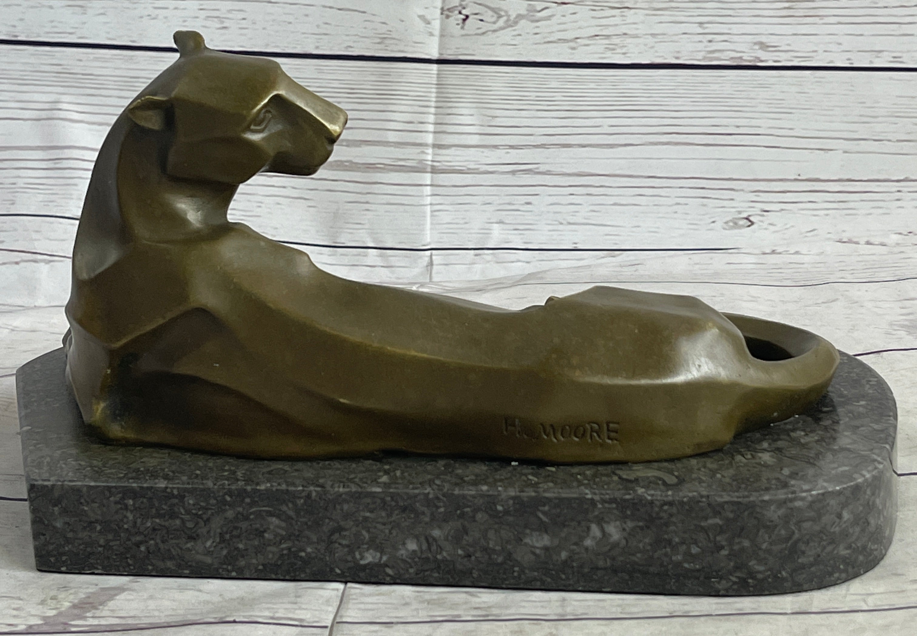 Handcrafted Henry Moore Mountain Lion Bronze Sculpture Marble Base Figurine