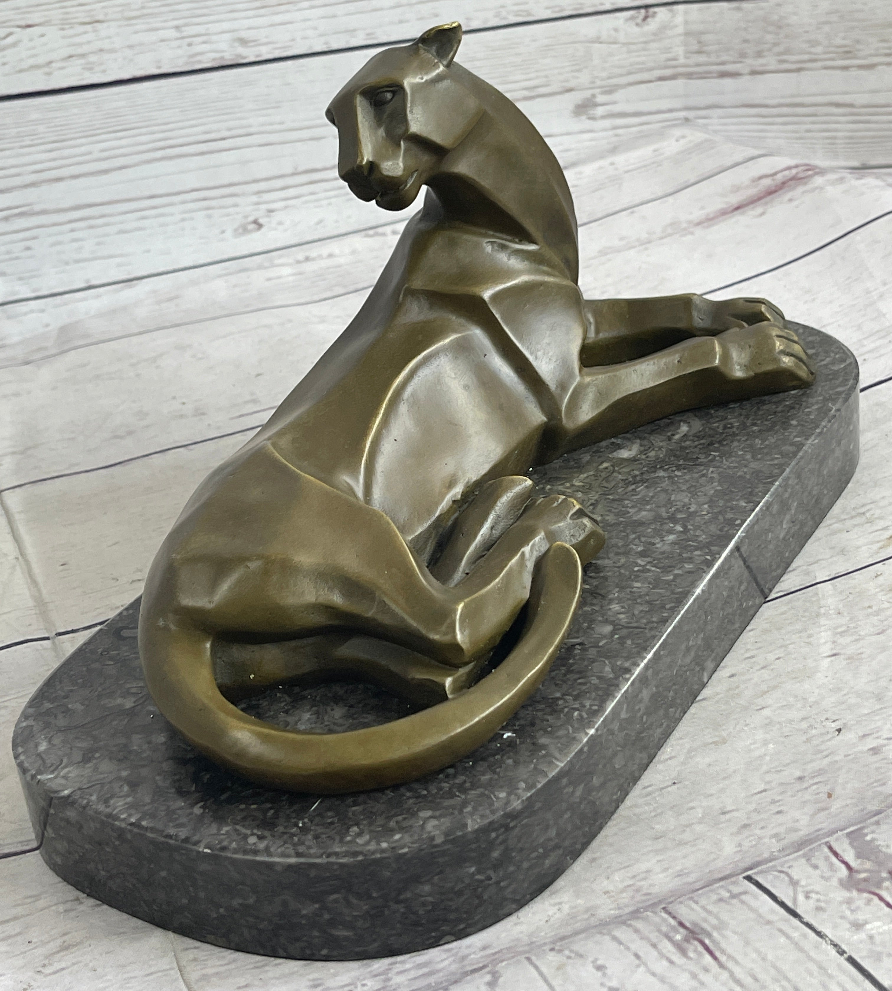 Handcrafted Henry Moore Mountain Lion Bronze Sculpture Marble Base Figurine