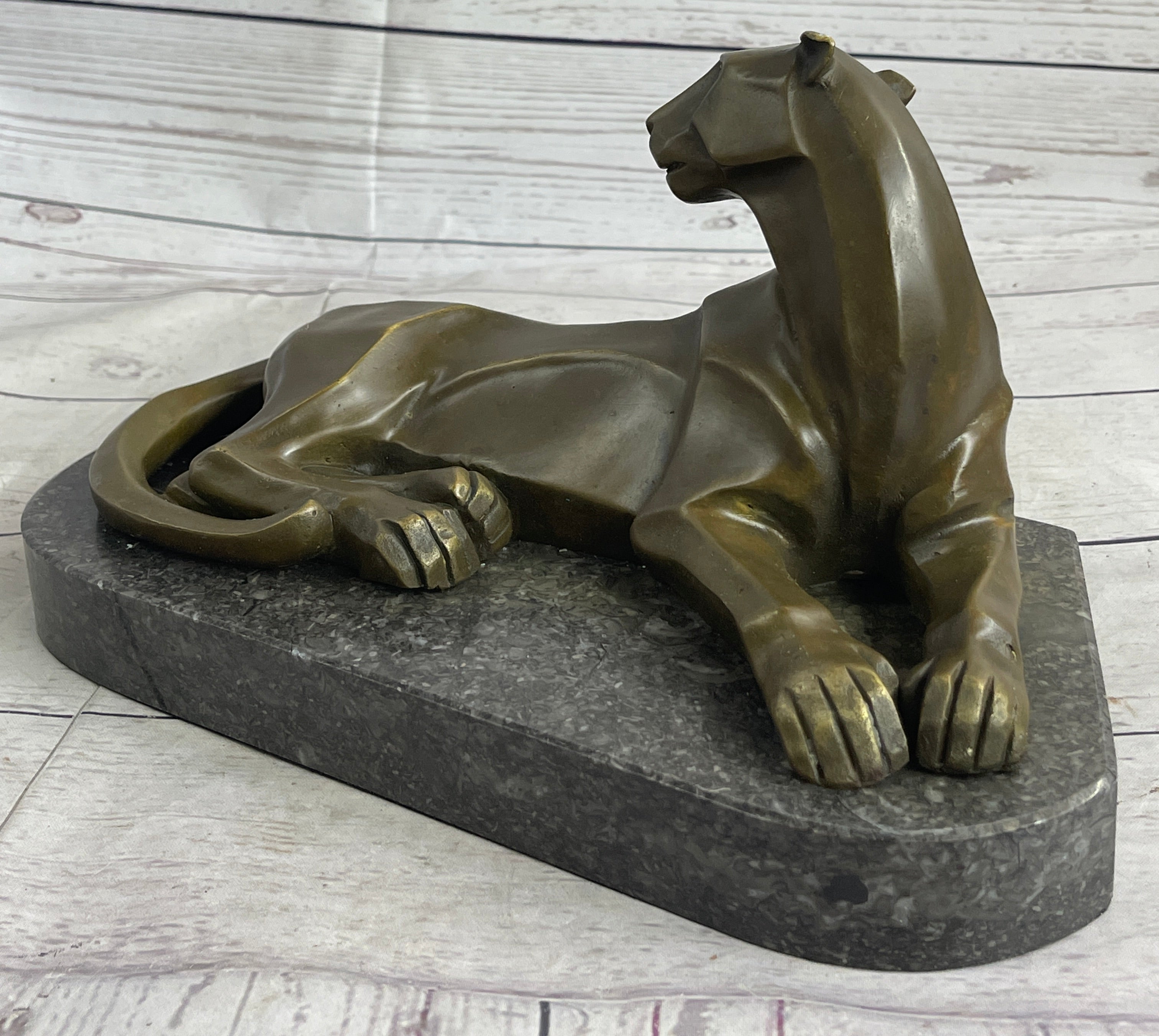 Handcrafted Henry Moore Mountain Lion Bronze Sculpture Marble Base Figurine