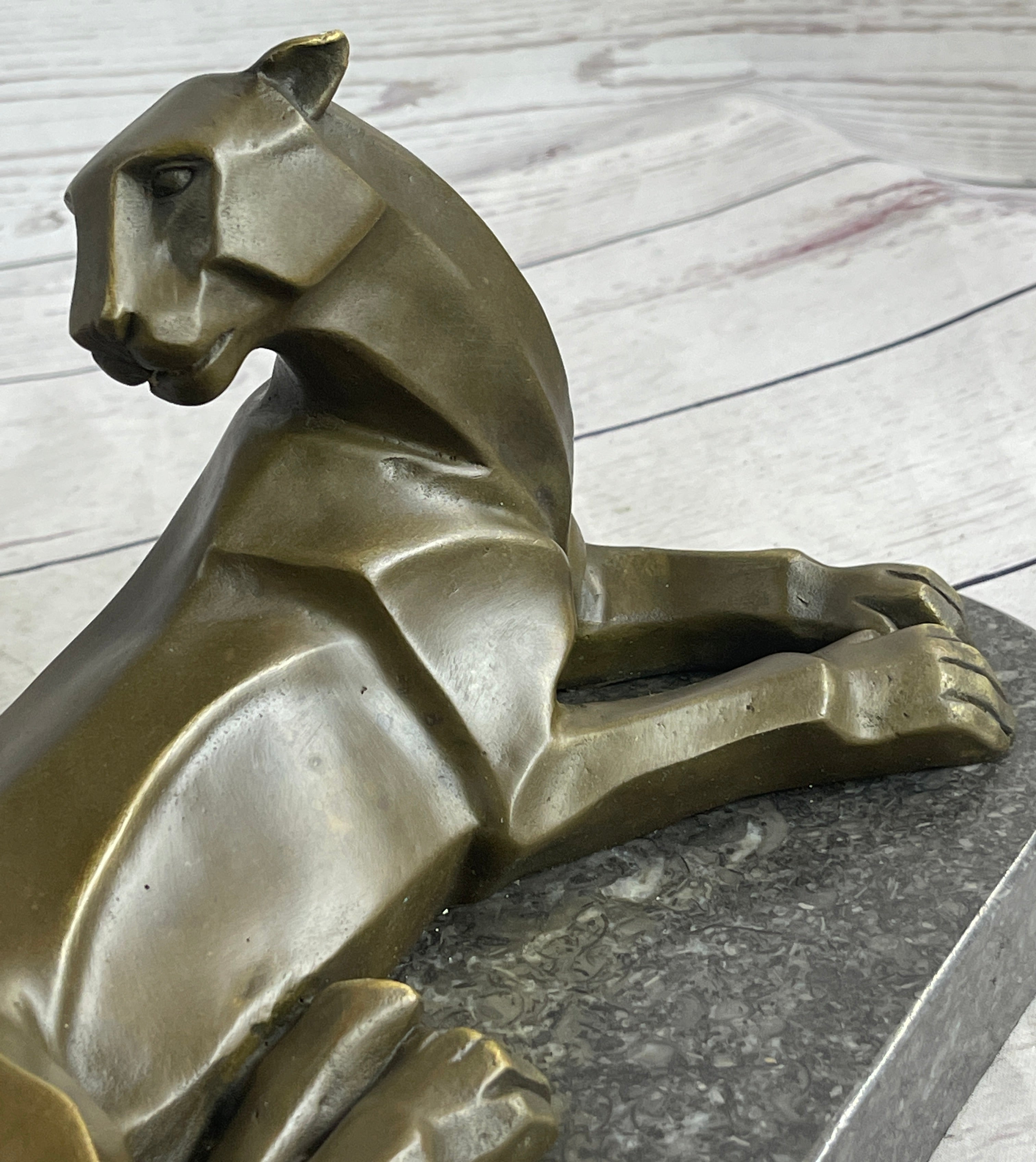 Handcrafted Henry Moore Mountain Lion Bronze Sculpture Marble Base Figurine