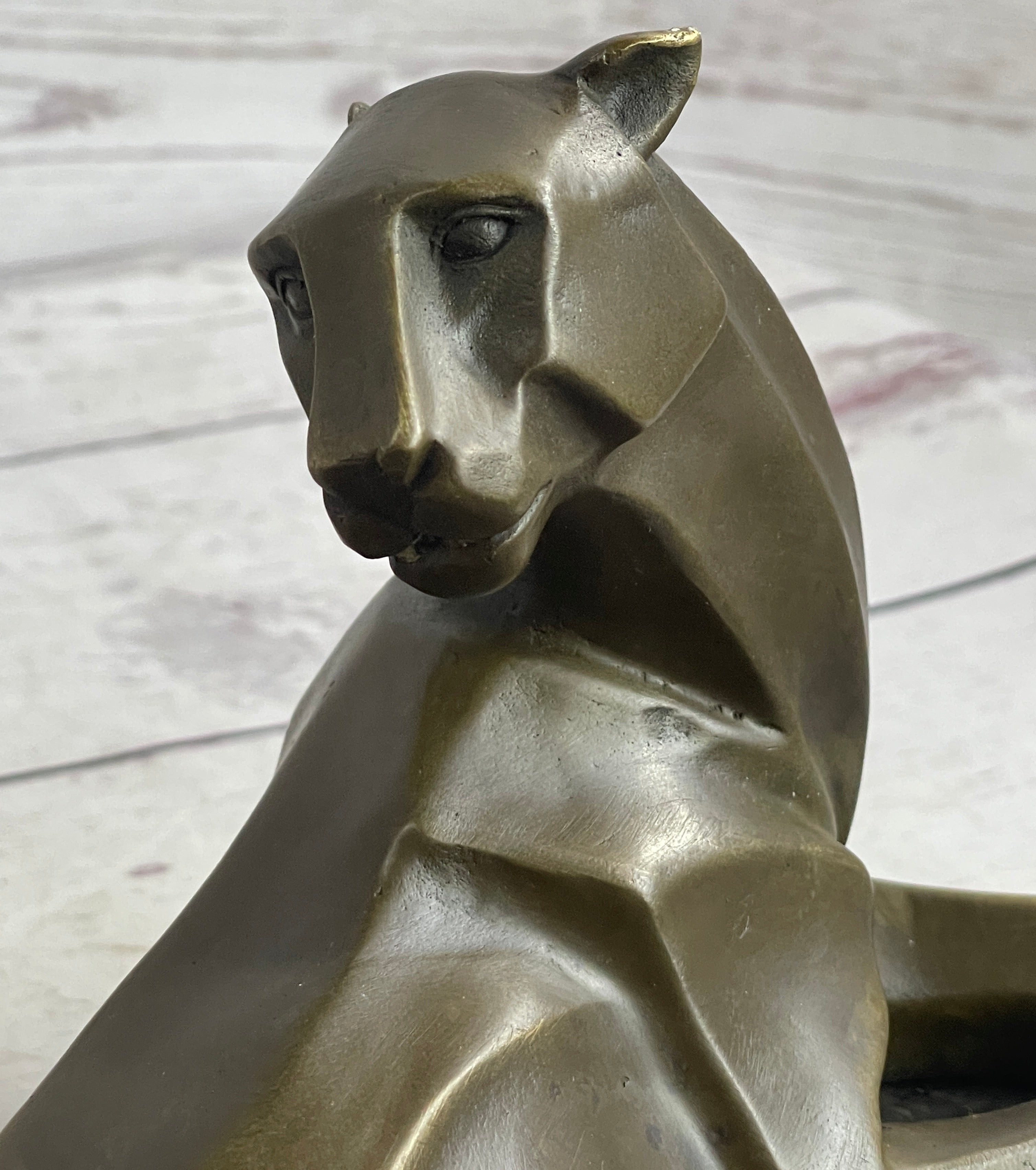 Handcrafted Henry Moore Mountain Lion Bronze Sculpture Marble Base Figurine