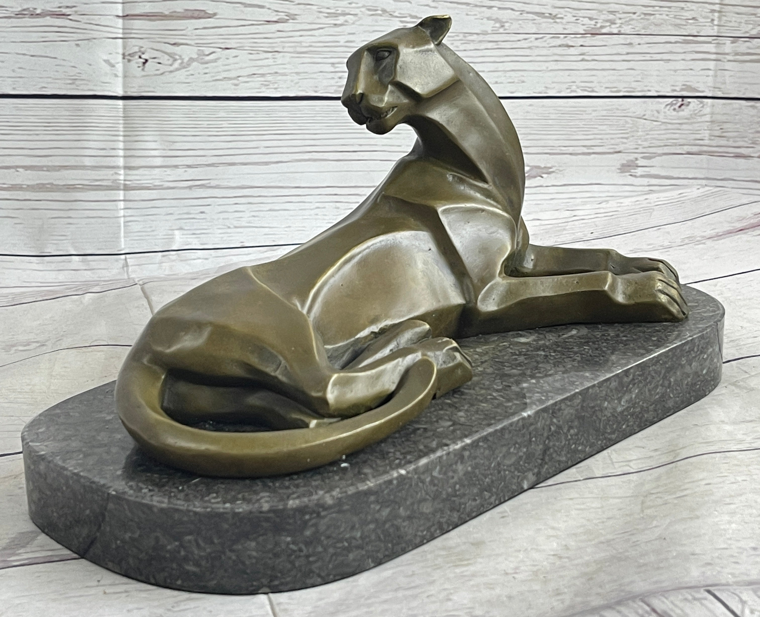 Handcrafted Henry Moore Mountain Lion Bronze Sculpture Marble Base Figurine