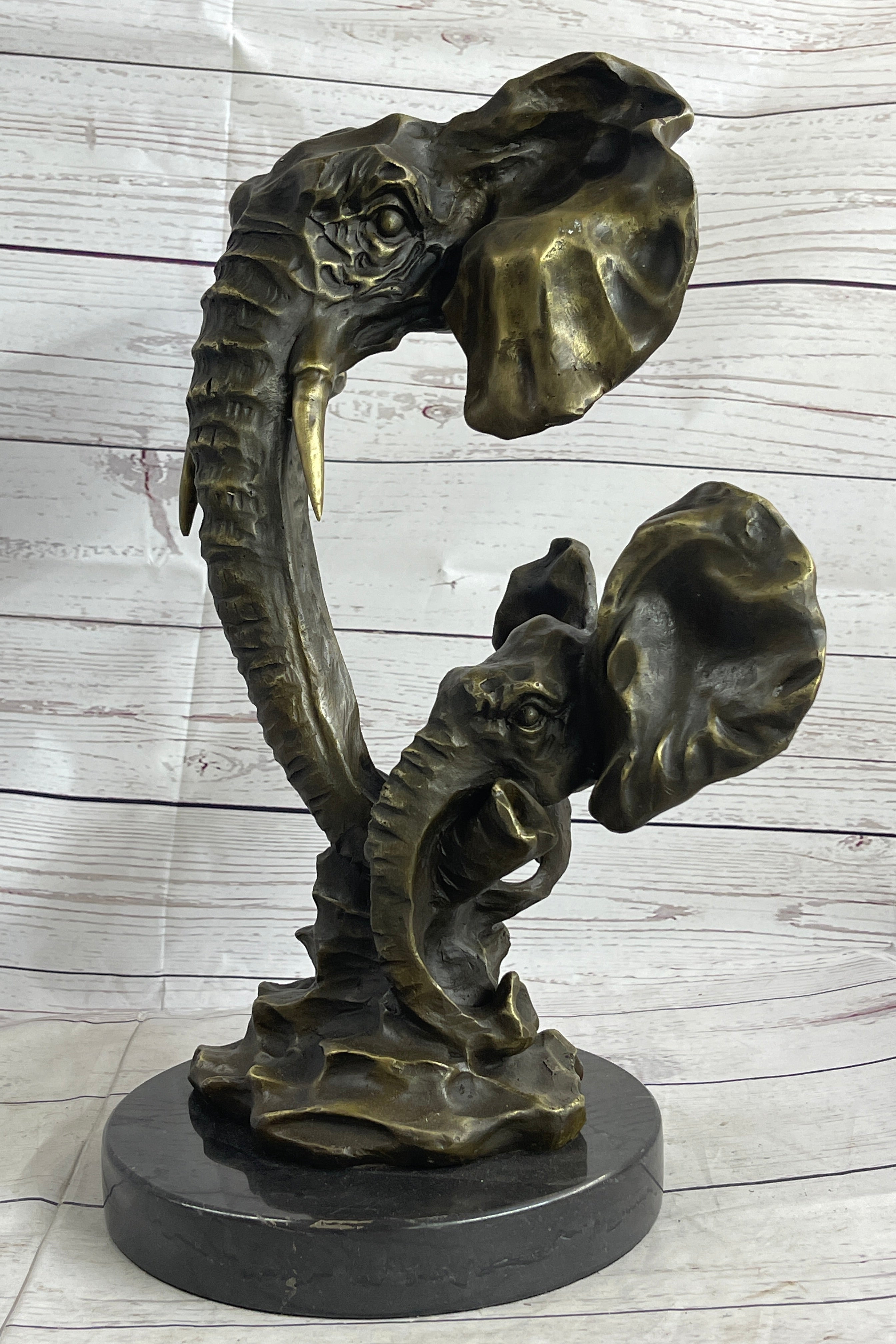 Elephant Family Abstract Bronze Bust Statue Sculpture Head Signed Modern Art 16" x 13"