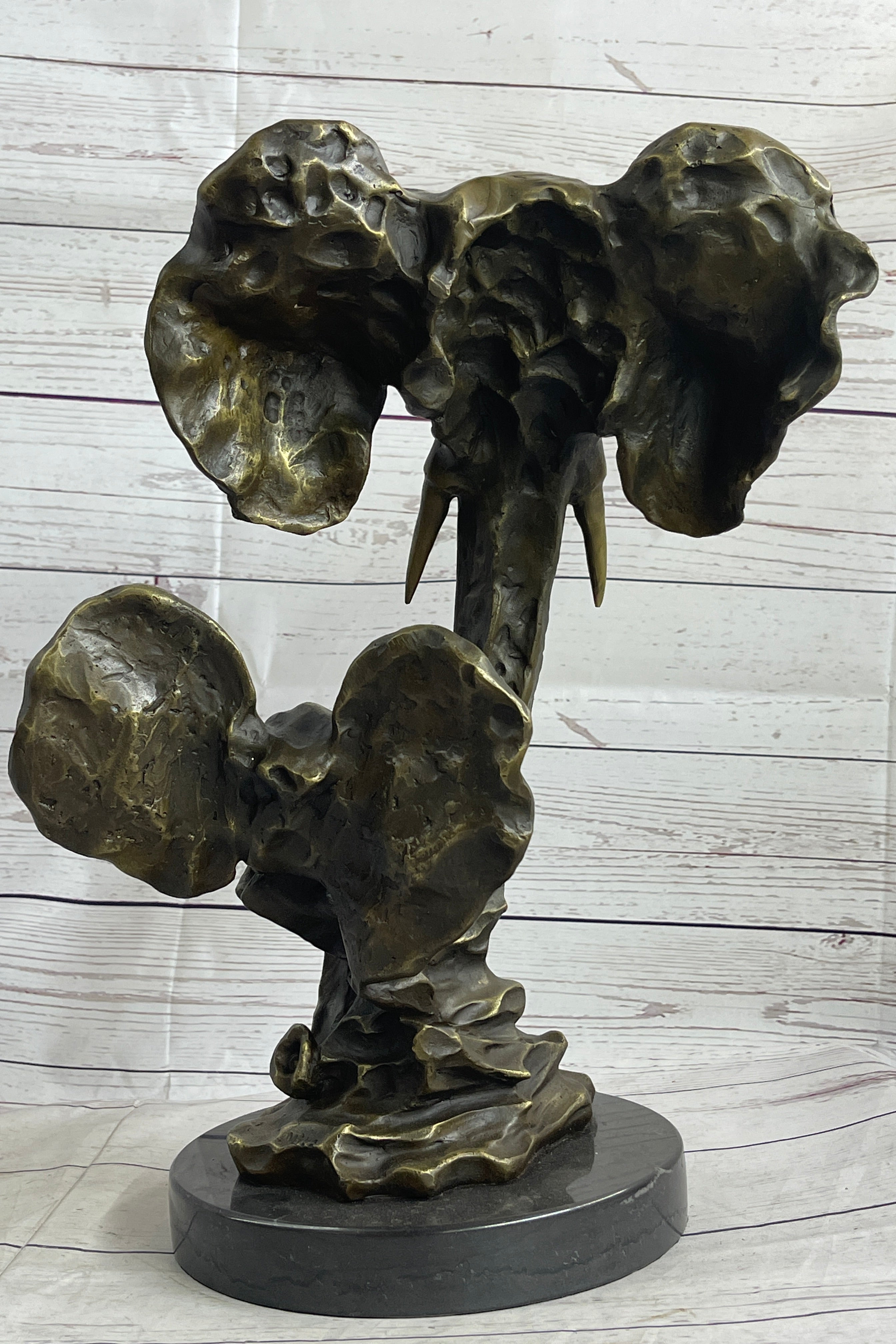 Elephant Family Abstract Bronze Bust Statue Sculpture Head Signed Modern Art 16" x 13"