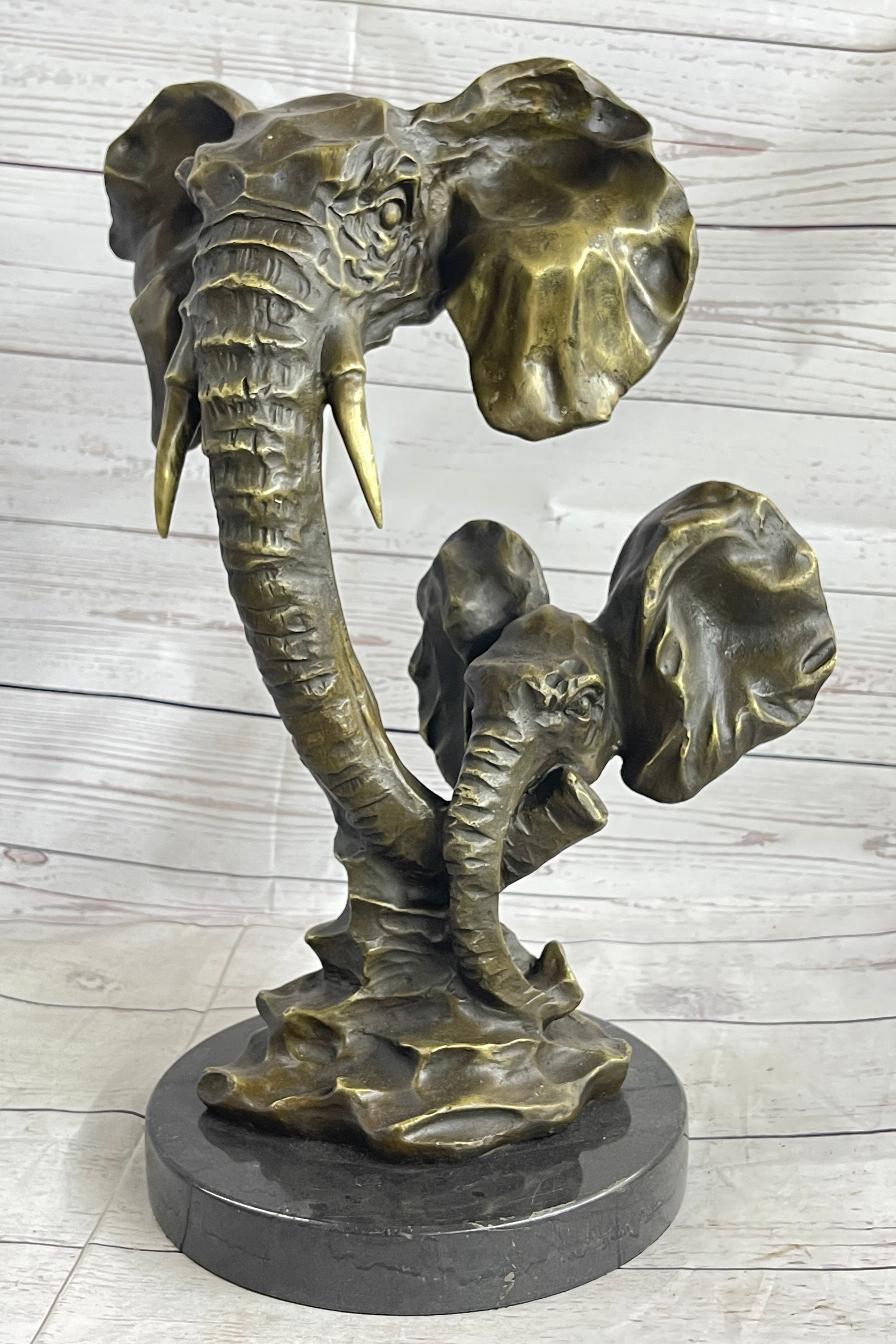 Elephant Family Abstract Bronze Bust Statue Sculpture Head Signed Modern Art 16" x 13"