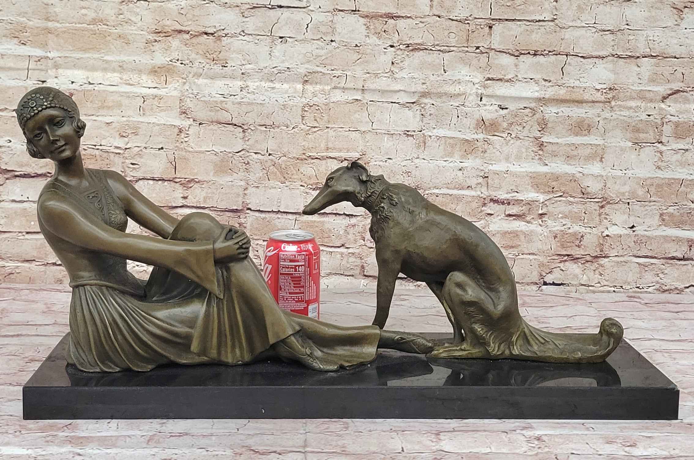 Art Deco Flapper Girl Woman with Dog Chiparus Bronze Statue Sculpture 13" x 24"