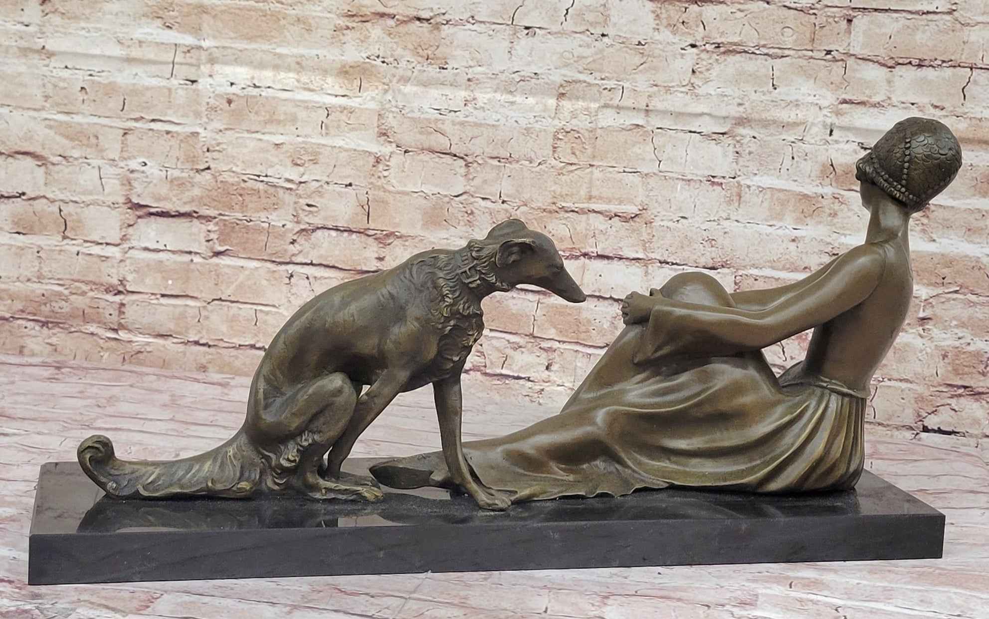 Art Deco Flapper Girl Woman with Dog Chiparus Bronze Statue Sculpture 13" x 24"