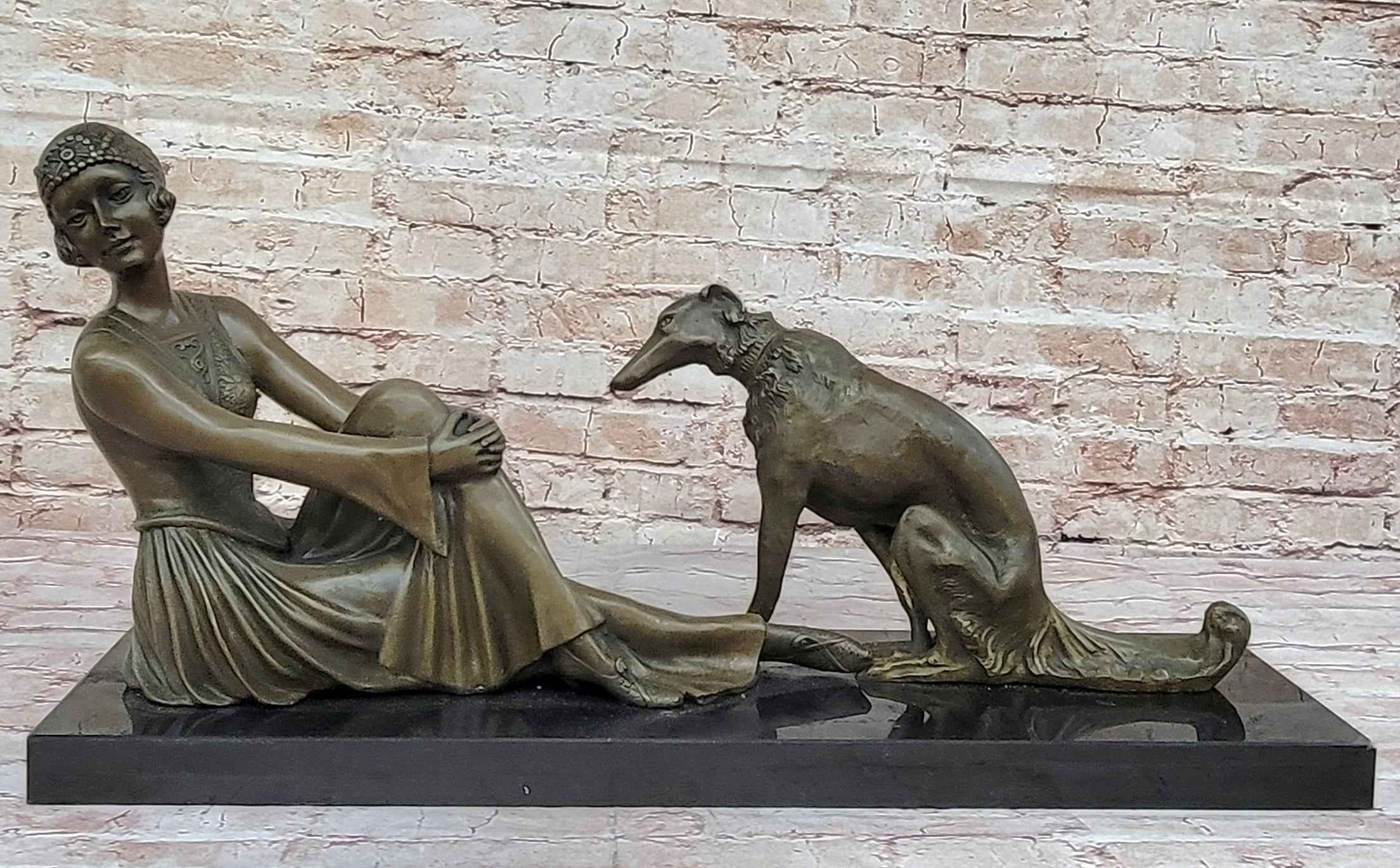 Art Deco Flapper Girl Woman with Dog Chiparus Bronze Statue Sculpture 13" x 24"