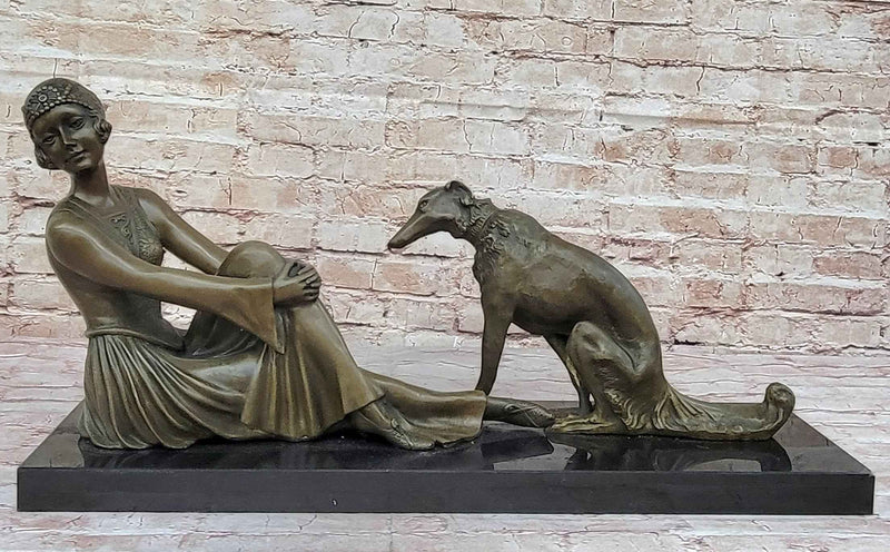 Art Deco Flapper Girl Woman with Dog Chiparus Bronze Statue Sculpture 13" x 24"